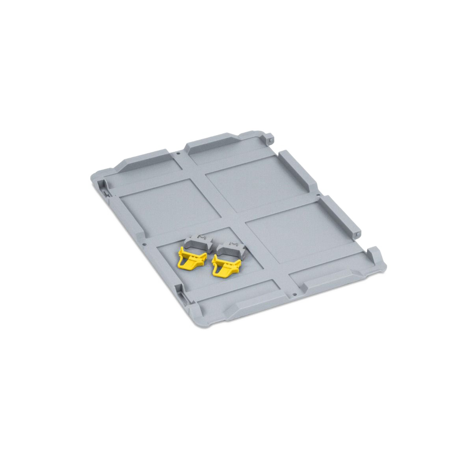 A grey plastic loading tray is shown, featuring two yellow locking mechanisms in the center. The tray has a textured surface with raised edges, and is positioned on a neutral background.