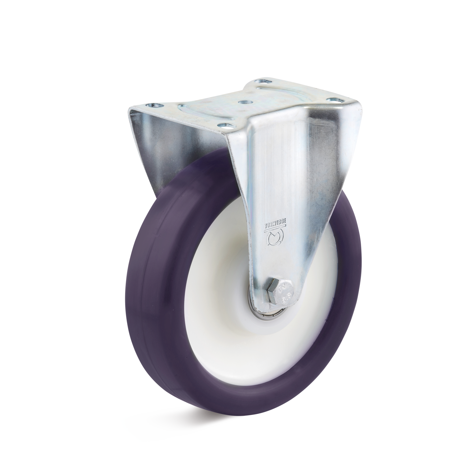 A metallic swivel caster featuring a purple rubber wheel and a silver mounting plate. The wheel is prominently designed for industrial applications, indicated by its robust construction and smooth surface.