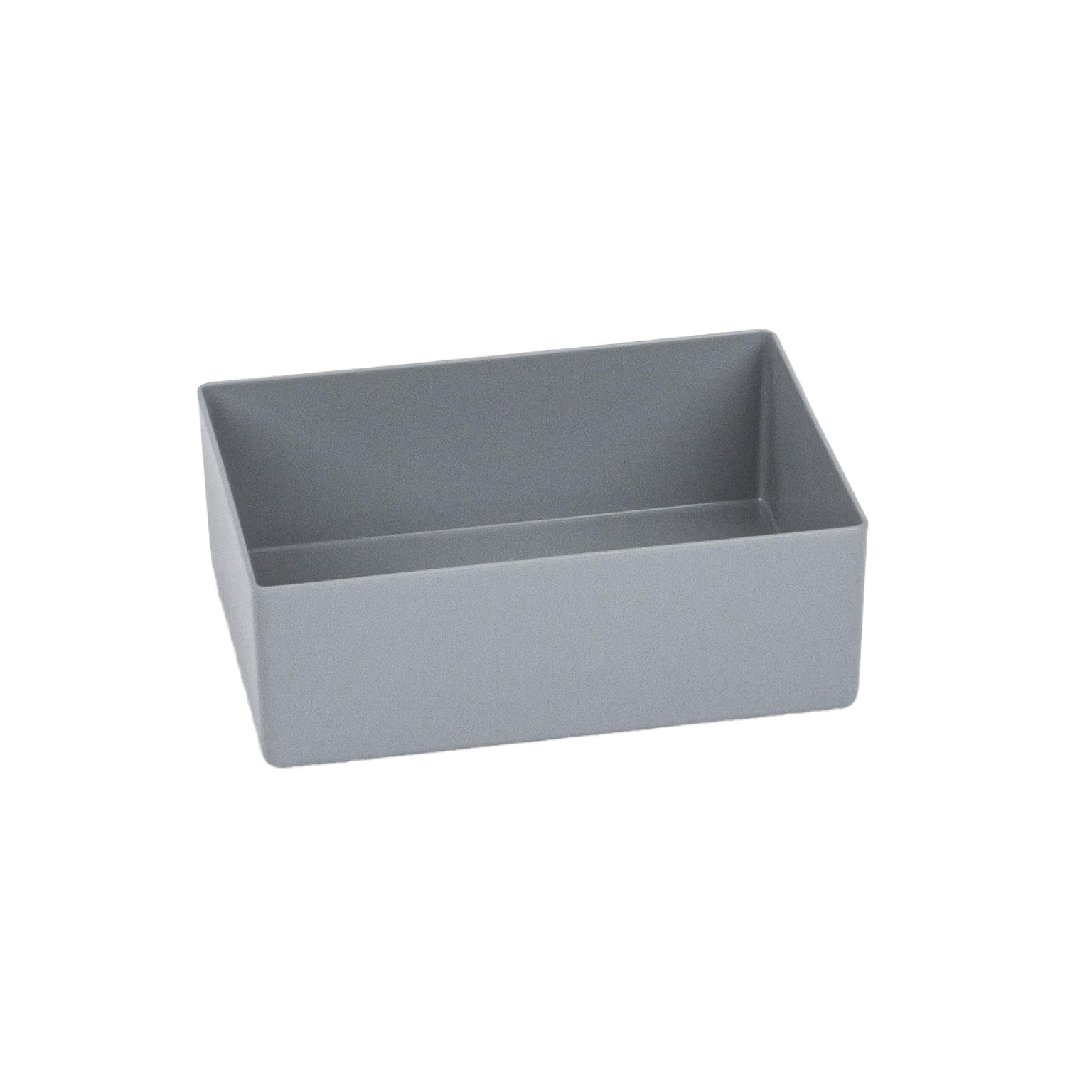 A rectangular gray storage box is displayed, featuring smooth walls and an open top. Its dimensions suggest suitability for organizing various items in an industrial or warehouse setting.
