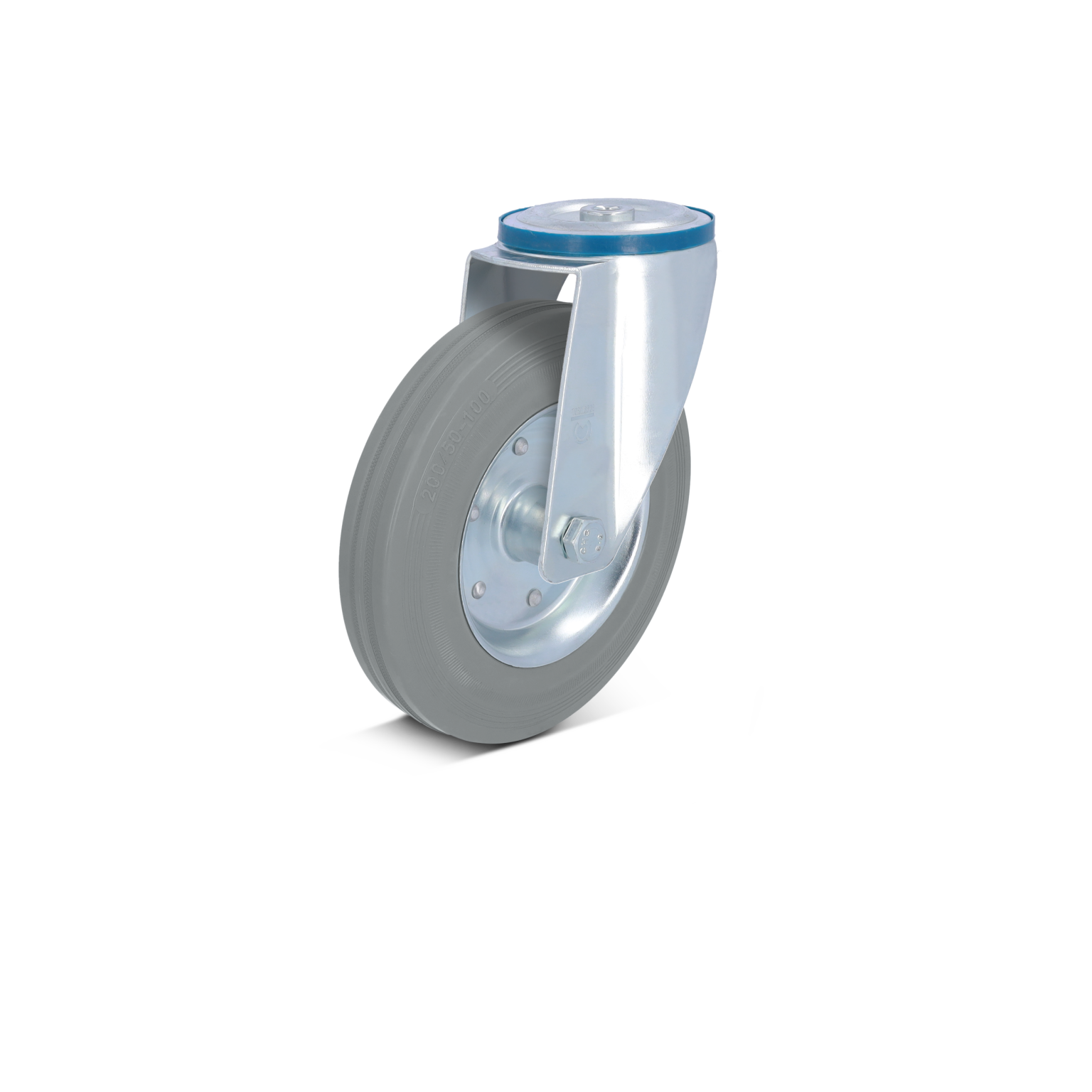 Zwenkwiel met een grijze rubberen band en een metaalplaat. Het is stevig bevestigd aan een metalen scharnier met een bovenste schijfje. De achtergrond is neutraal en glad.