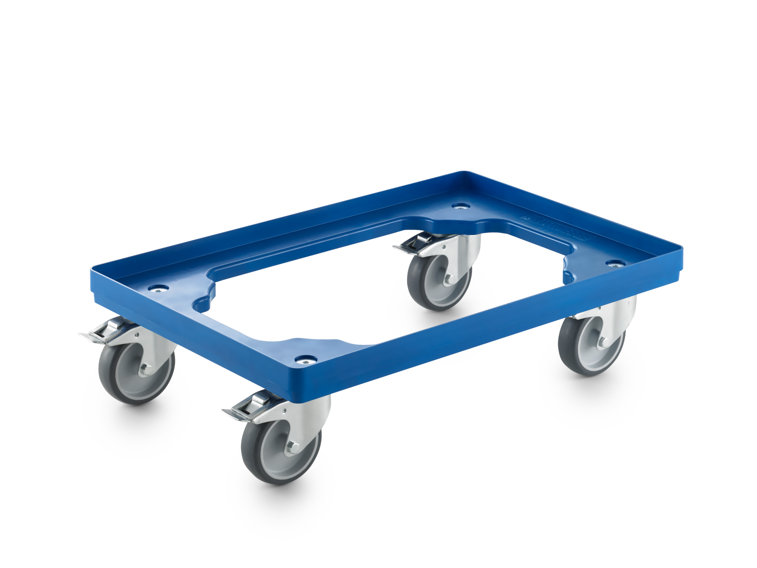 A blue transport trolley features a rectangular frame with four swivel castors attached. The castors provide mobility, and the frame-s design allows for easy handling of various loads in an industrial setting.