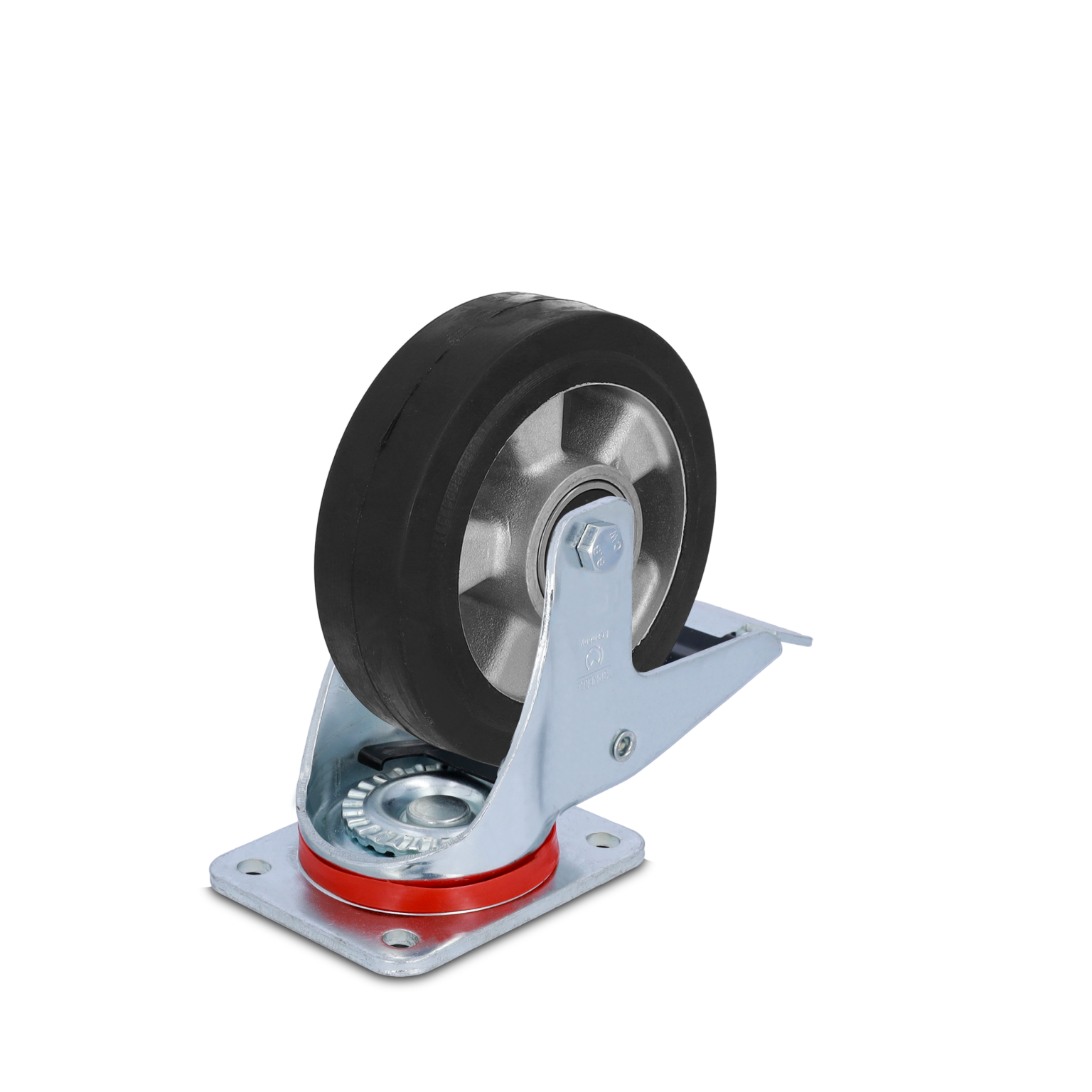 Zwarte rubberen wiel met een gefreesde metalen velg, gemonteerd op een zilverkleurige bevestigingsplaat met een rode ring. Het is geschikt voor divers gebruik in materiaalhandling.
