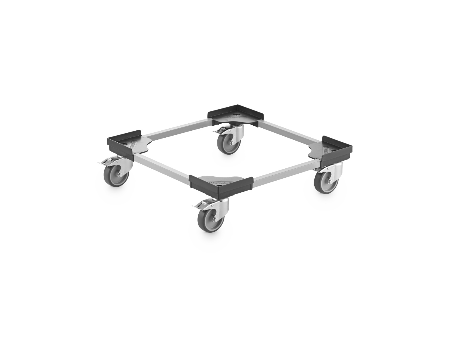 A transport dolly with a square frame, featuring four swivel castors at each corner. The frame is metallic with plastic corner protectors, designed for easy movement of heavy items in an industrial or warehouse setting.