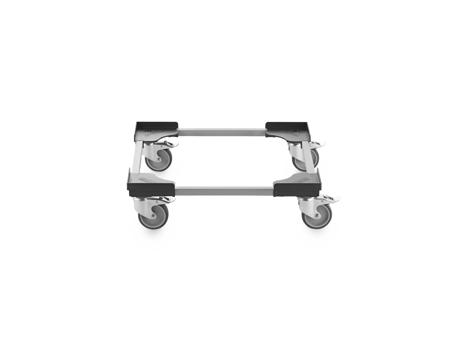 Four industrial castors are mounted on a sturdy rectangular frame. The castors have a smooth design, allowing for easy movement. The overall structure is placed against a blank background, emphasizing its functional design.
