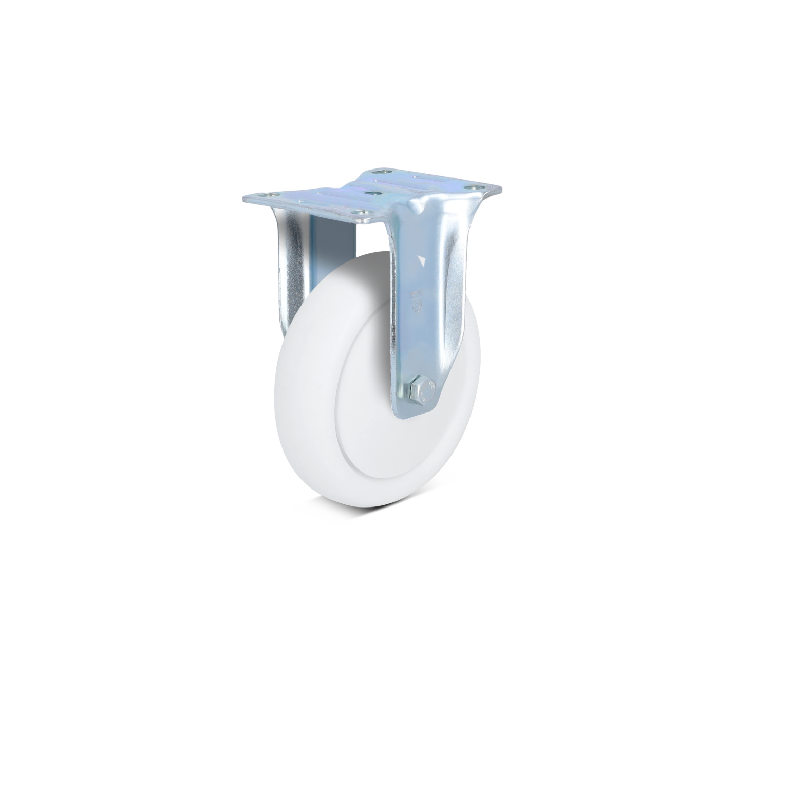 A white industrial wheel is mounted on a shiny metal bracket. The wheel appears smooth and large, designed for mobility. The background features a bright turquoise color, emphasizing the wheel-s details.