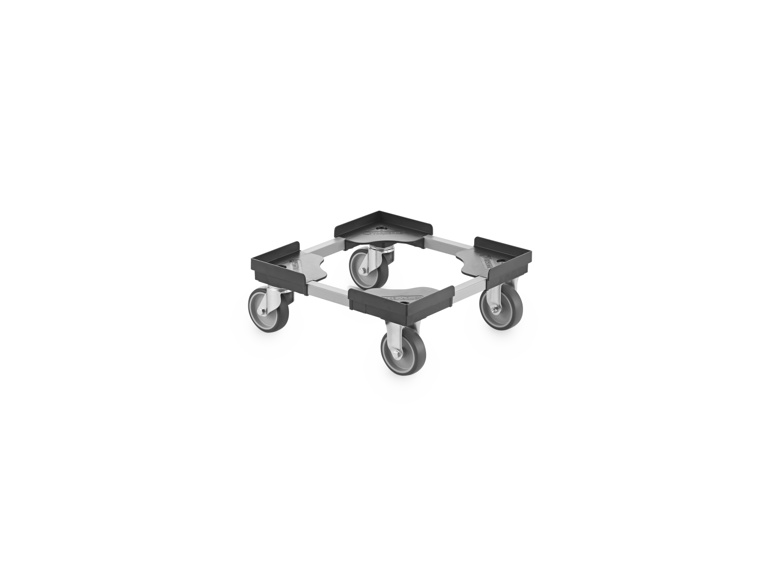 A square transport trolley with a sturdy frame supports four wheels. The trolley is designed for mobility, featuring a simple construction with corner mounts for stability. The background is plain.
