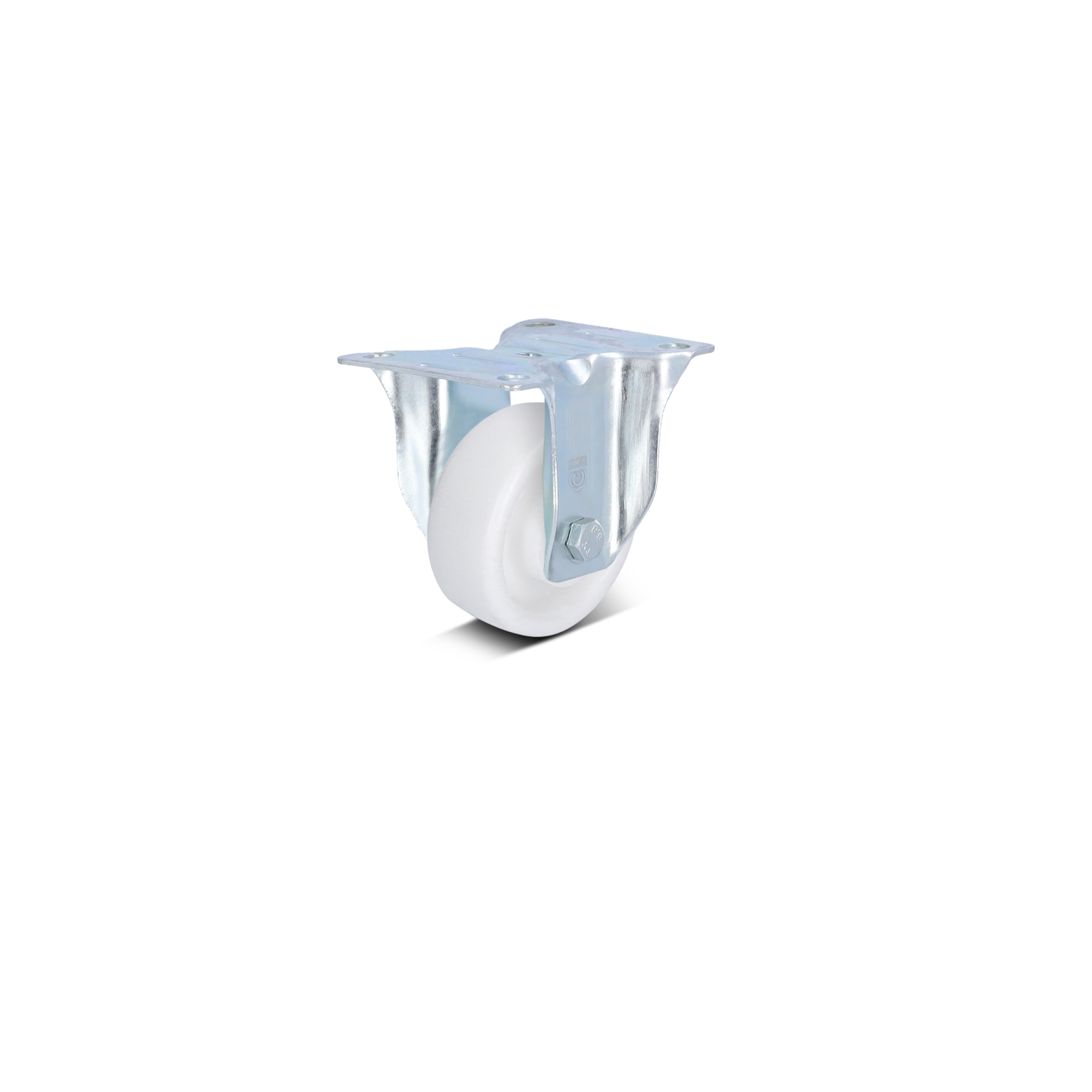 A swivel caster featuring a white wheel and a metallic mount. The mount includes two flat plates with a central bolt, designed for secure attachment. The background is plain.
