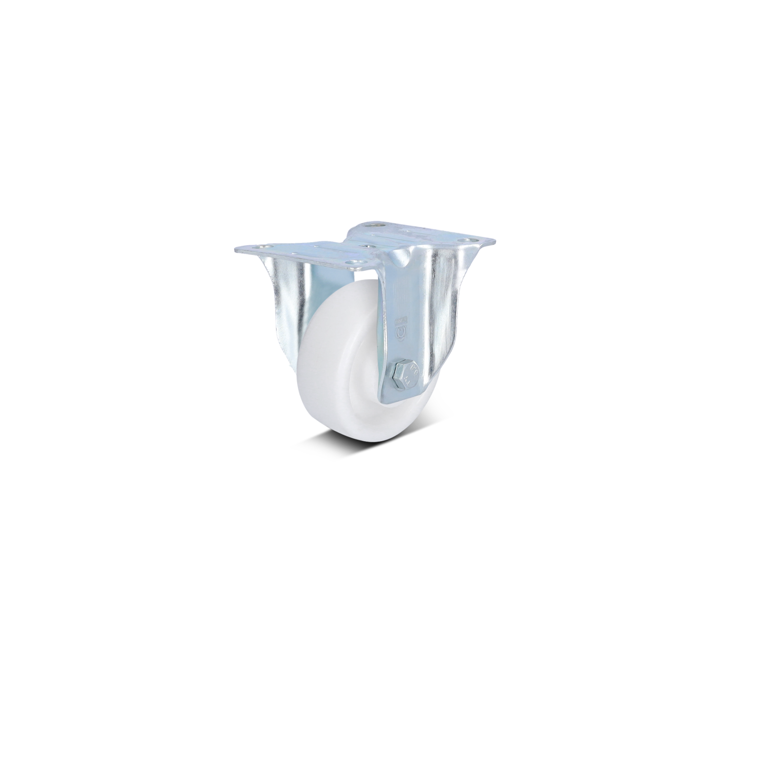 A swivel caster featuring a white wheel and a metallic mount. The mount includes two flat plates with a central bolt, designed for secure attachment. The background is plain.