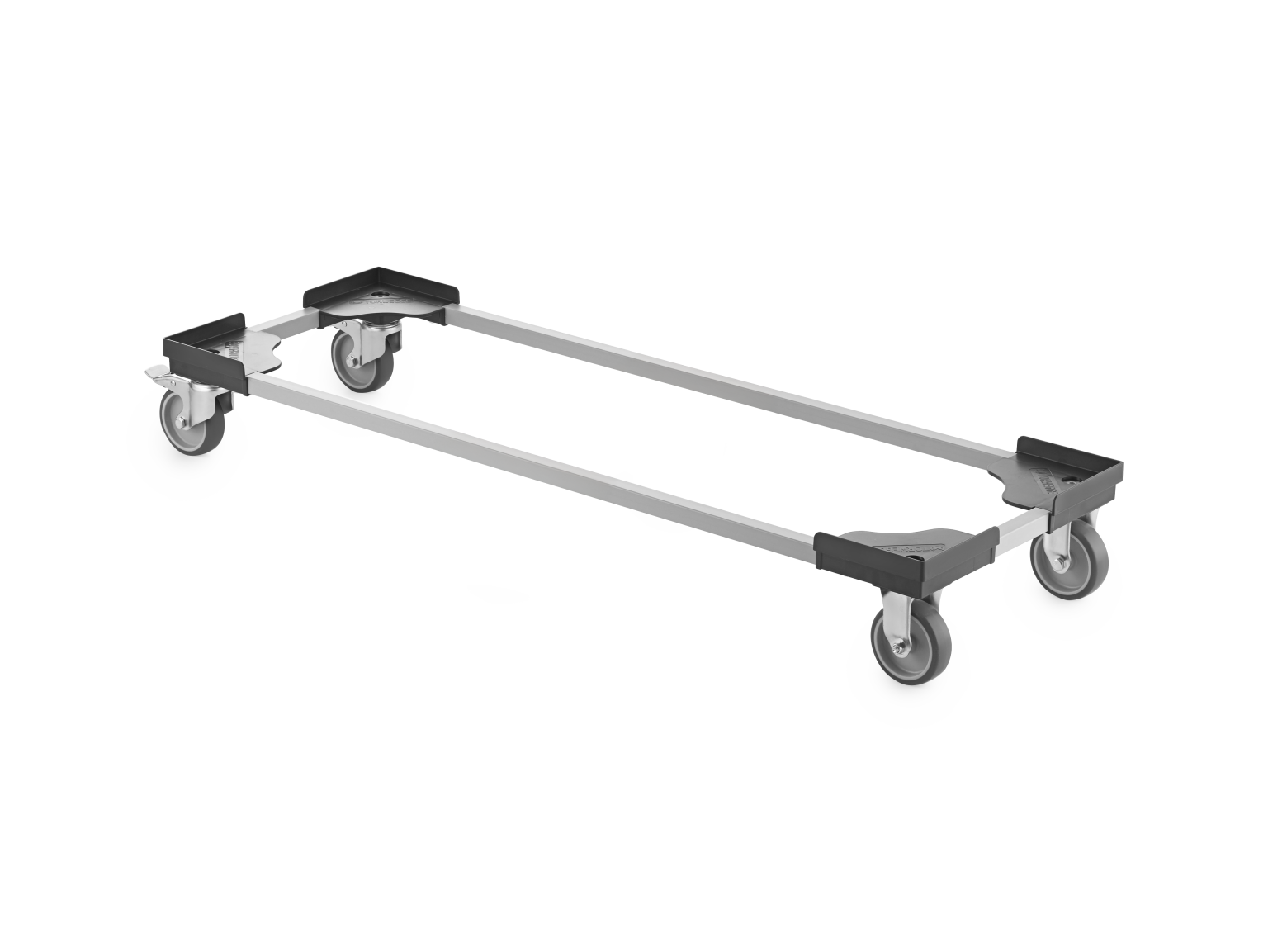 A transport trolley features a rectangular frame with four wheels at each corner. The frame is constructed from metal, and the wheels appear to be swivel-type, designed for easy maneuverability.
