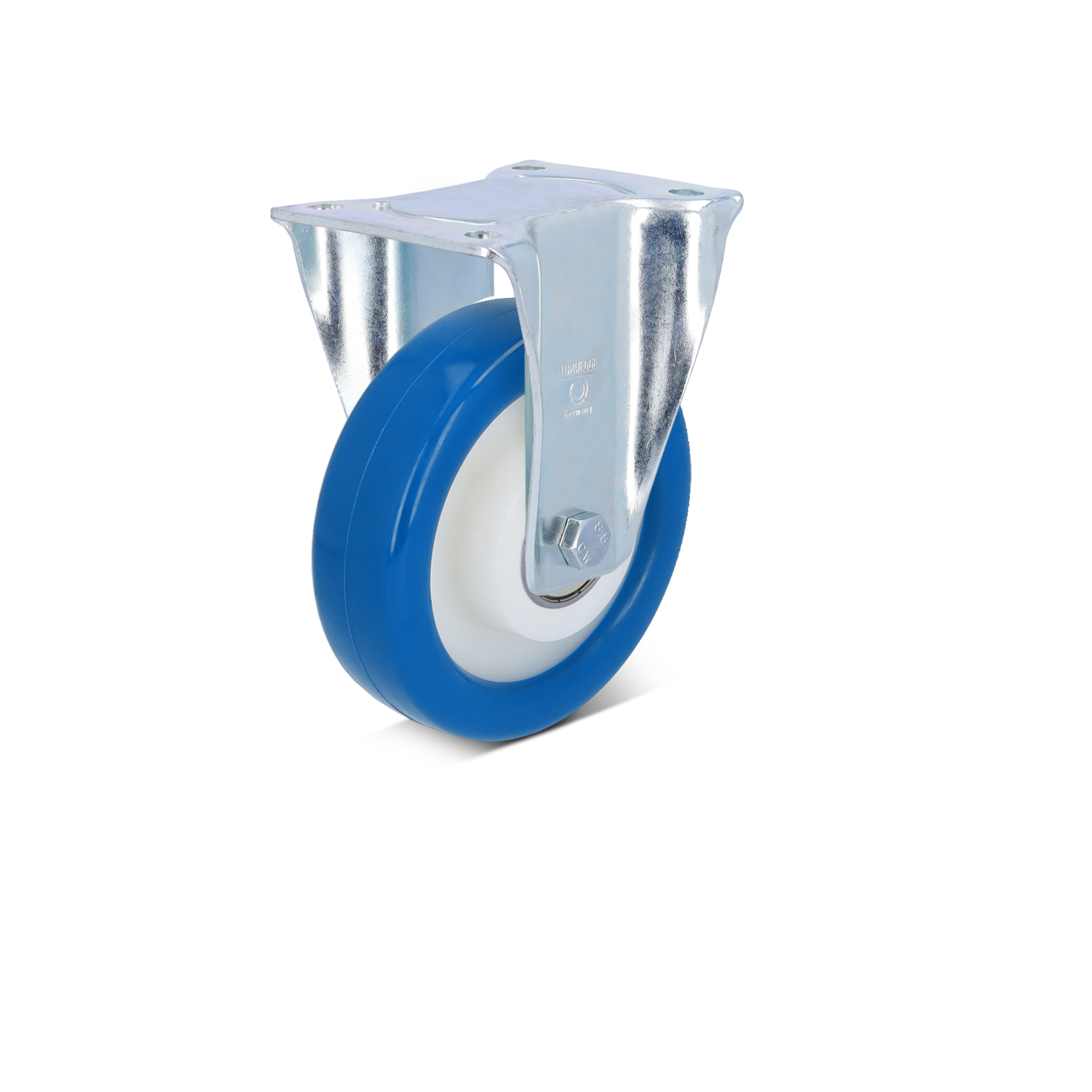 Blauwe wiel met een witte binnenring, bevestigd aan een metalen bevestigingsplaat. Het is ontworpen voor gebruik in industriële omgevingen en heeft een glanzende afwerking.