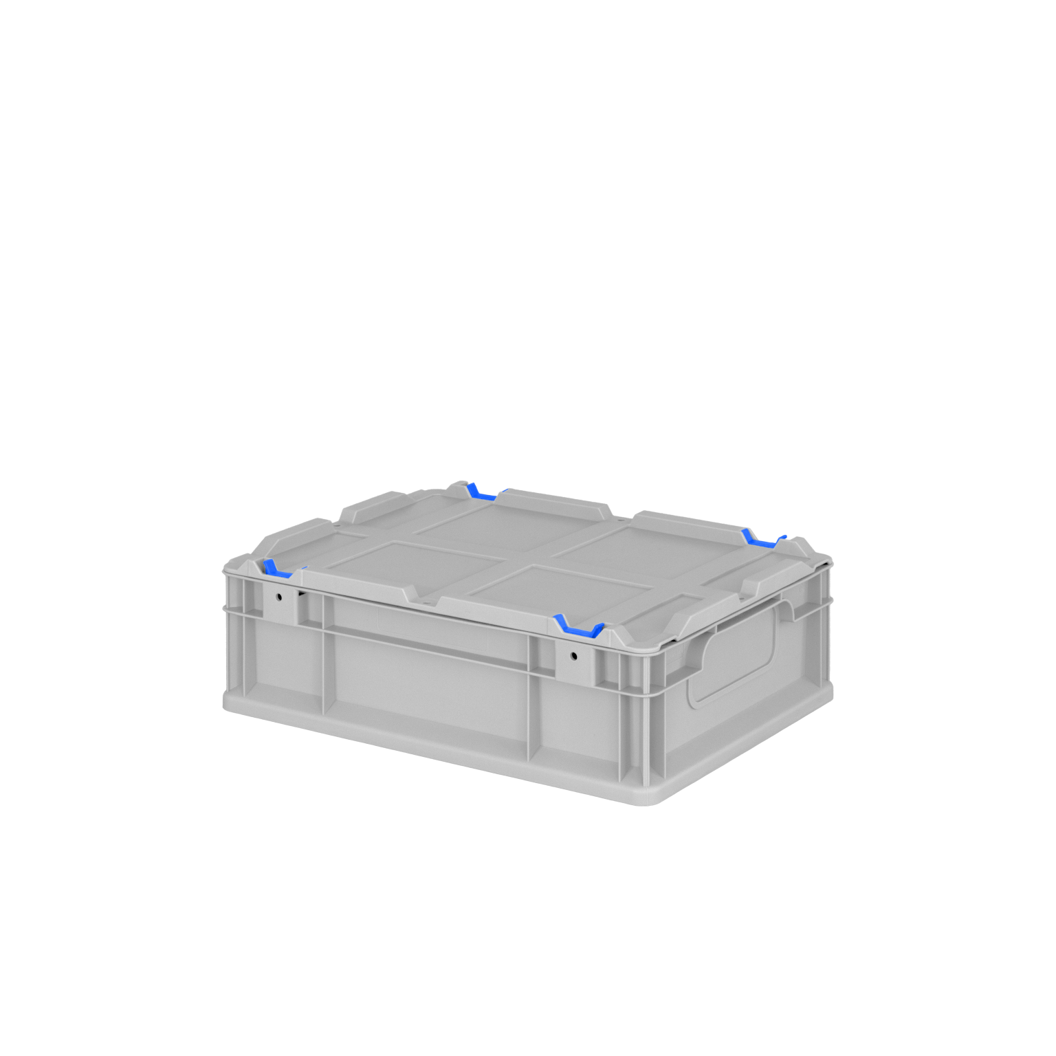 Kunststoff-Transportbox mit einem transparenten Gehäuse und blauen Clips zur Sicherung des Deckels. Positioniert auf einem neutralen, schwarzen Hintergrund, ideal für Lagerung und Transport.