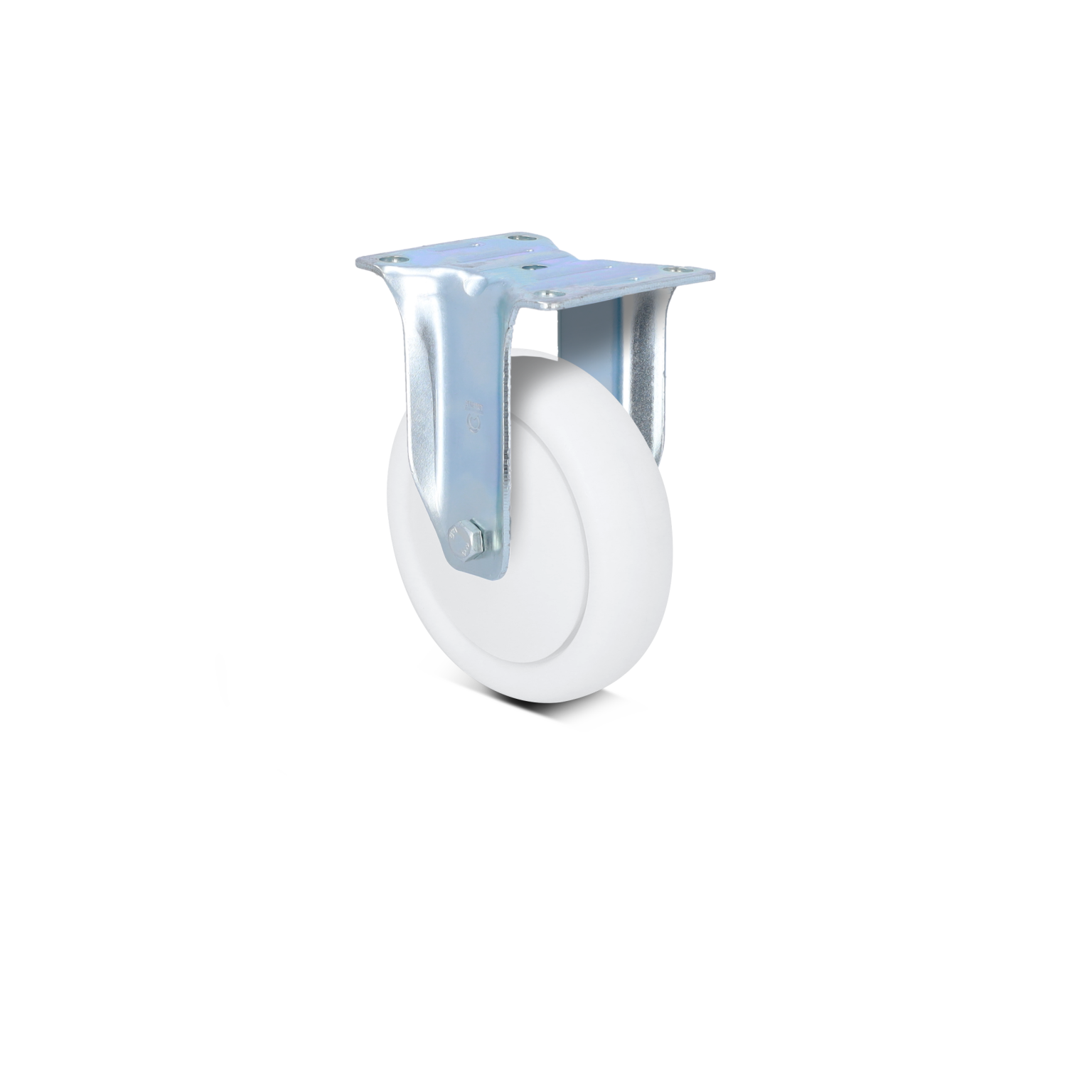 A white industrial wheel is mounted on a metal bracket with a shiny finish. The wheel is smooth and designed for mobility, set against a plain black background.