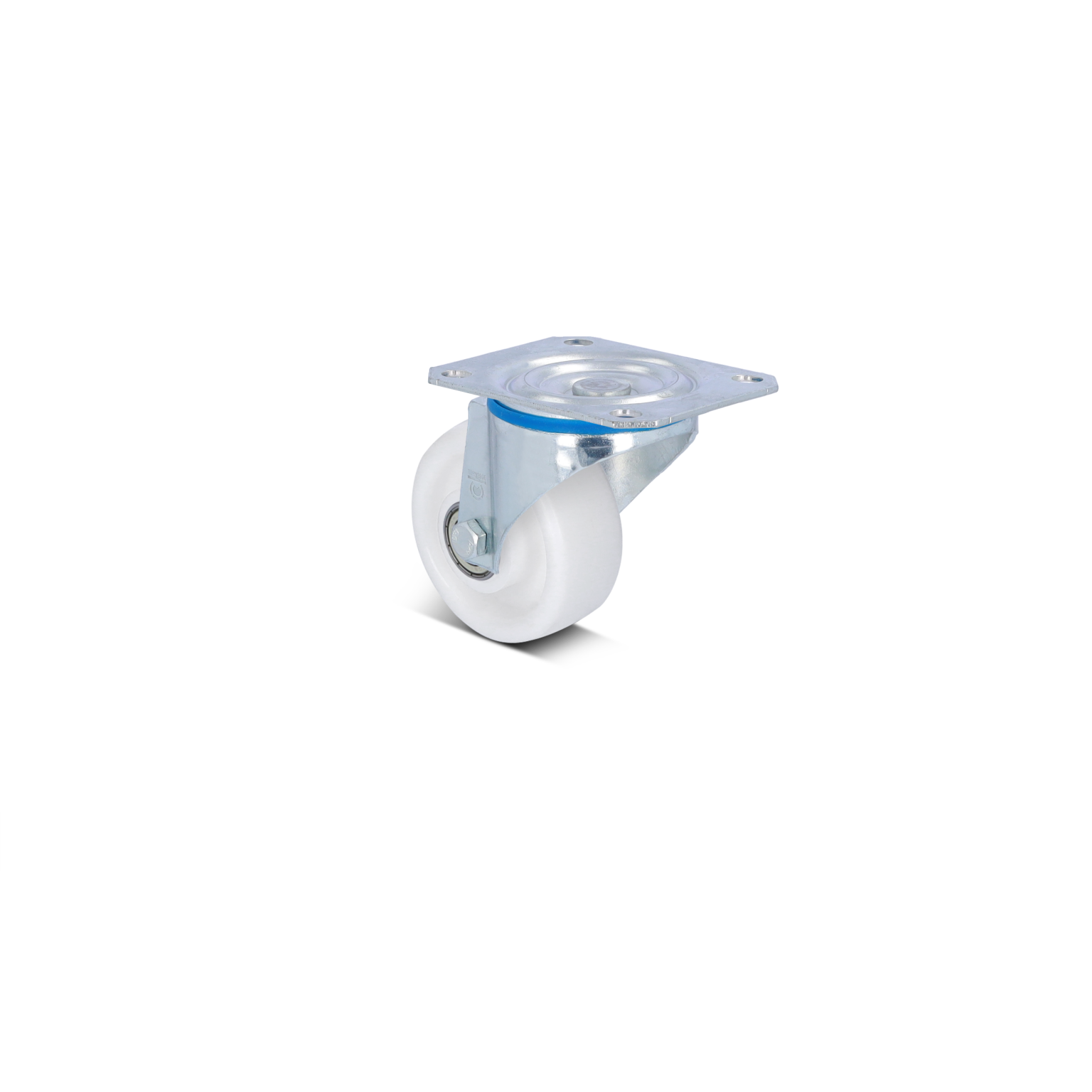 A swivel castor features a white plastic wheel mounted on a metallic bracket with a flat base for securing. The wheel allows for easy movement in various directions, suitable for industrial applications.