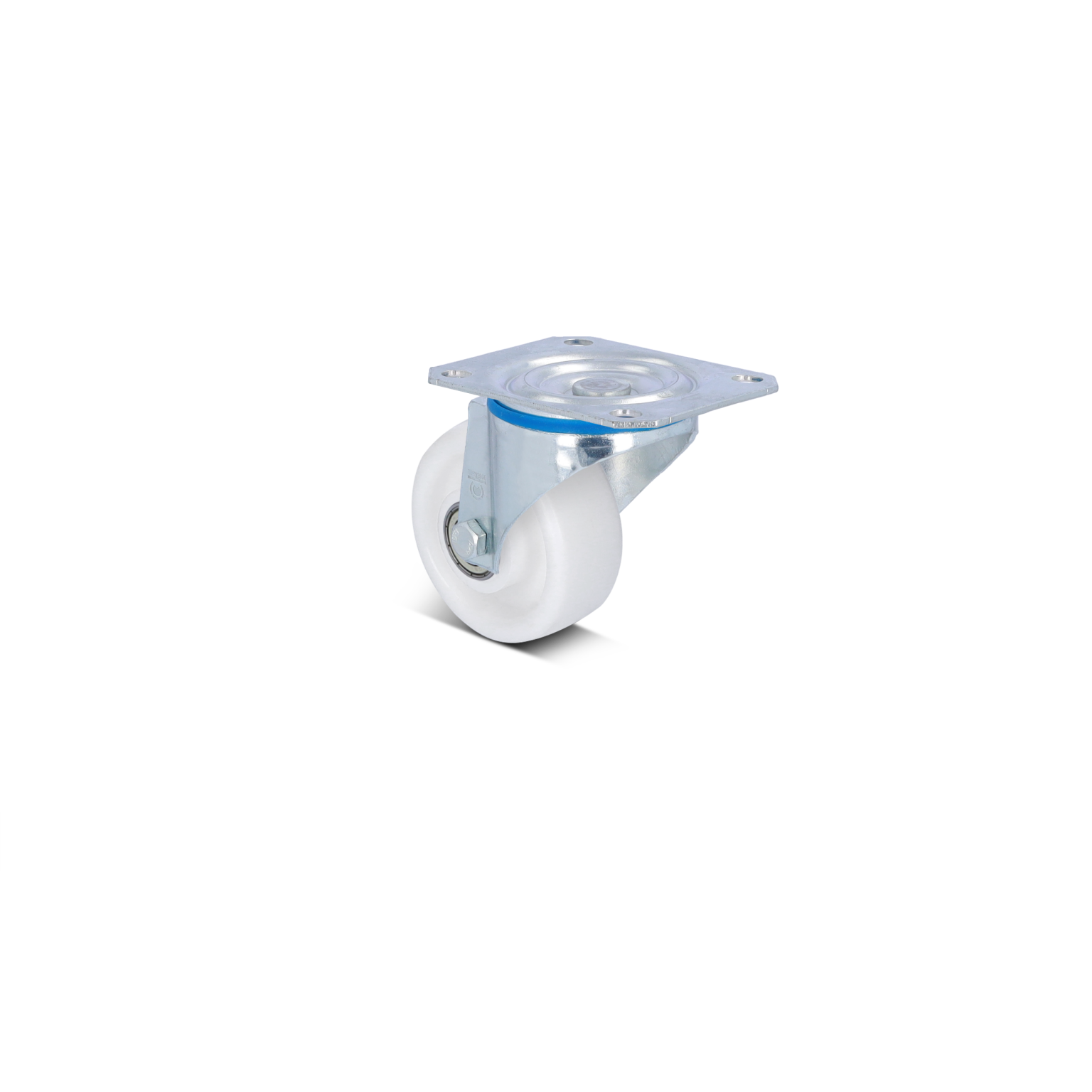 A swivel castor features a white plastic wheel mounted on a metallic bracket with a flat base for securing. The wheel allows for easy movement in various directions, suitable for industrial applications.