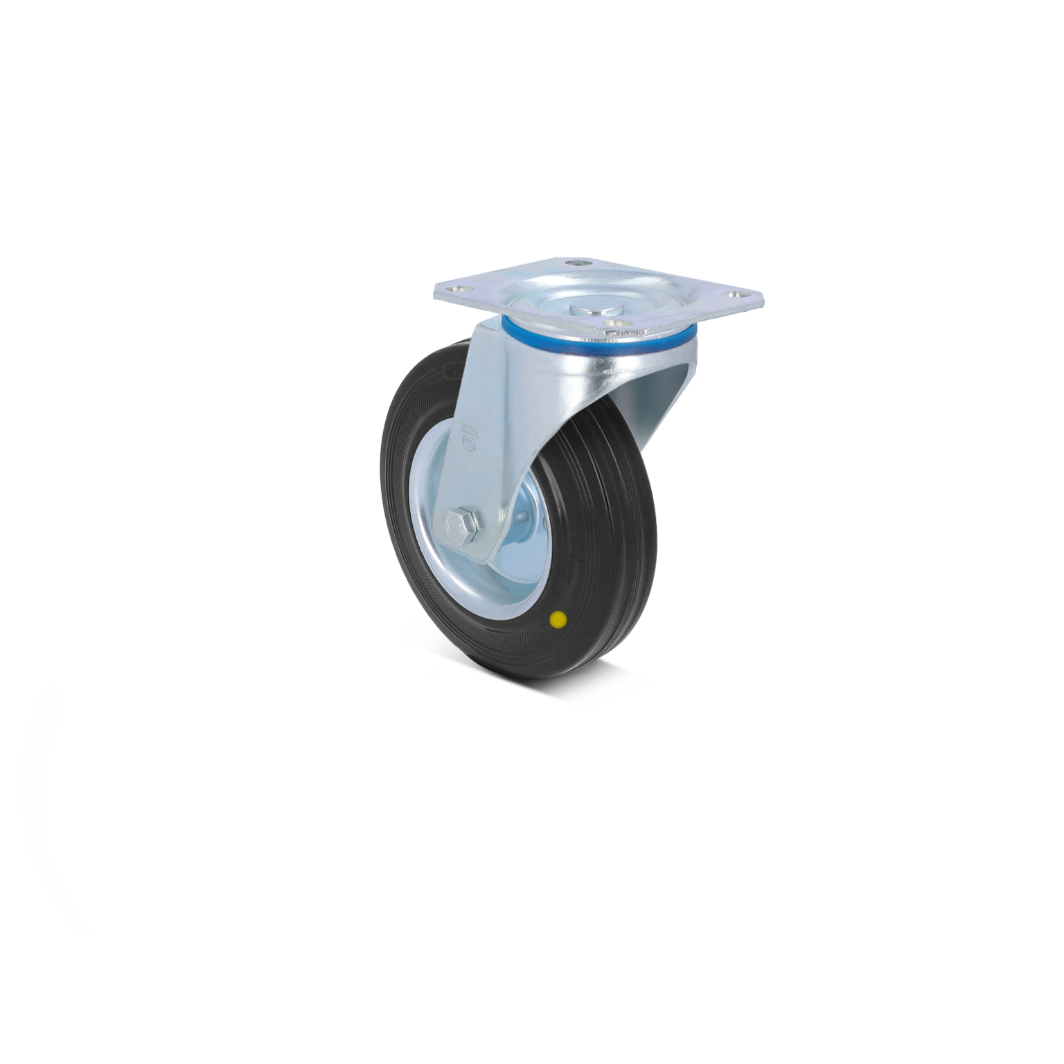 A heavy-duty swivel caster featuring a black rubber wheel mounted on a shiny metal bracket. The bracket has a square mounting plate with four holes, designed for easy installation.