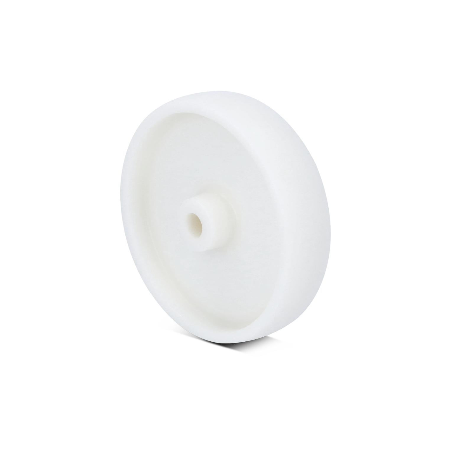 A white plastic wheel with a central hub is positioned upright, showcasing its smooth surface and rounded edges. The backdrop is mostly blank, enhancing the focus on the wheel itself.