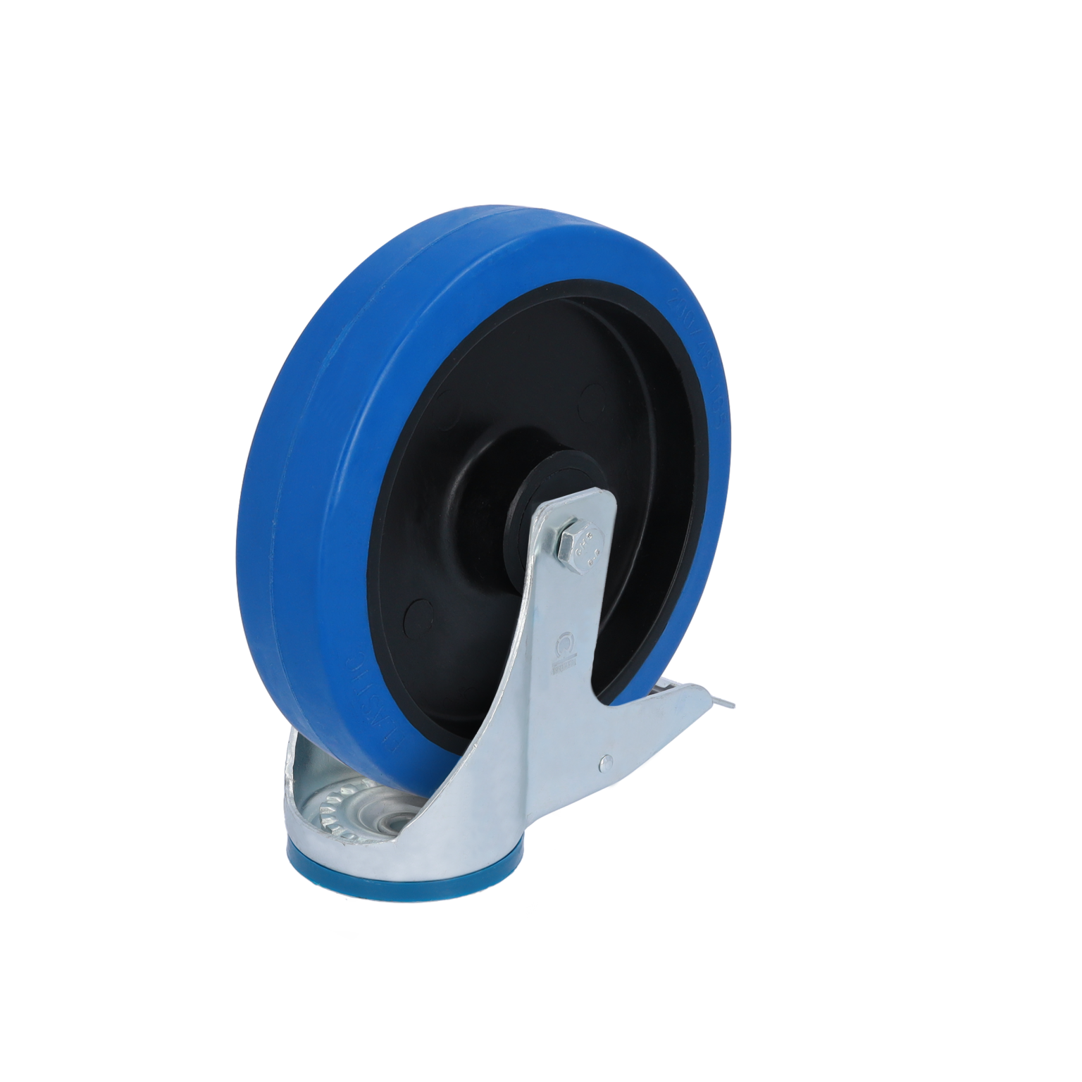 Ein blauer Gummi-Rollensatz mit einem schwarzen Mittelteil ist an einer metallischen Halterung befestigt. Die Halterung ist platiniert und hat einen festen Stand. Der Hintergrund ist neutral und ohne besondere Merkmale.
