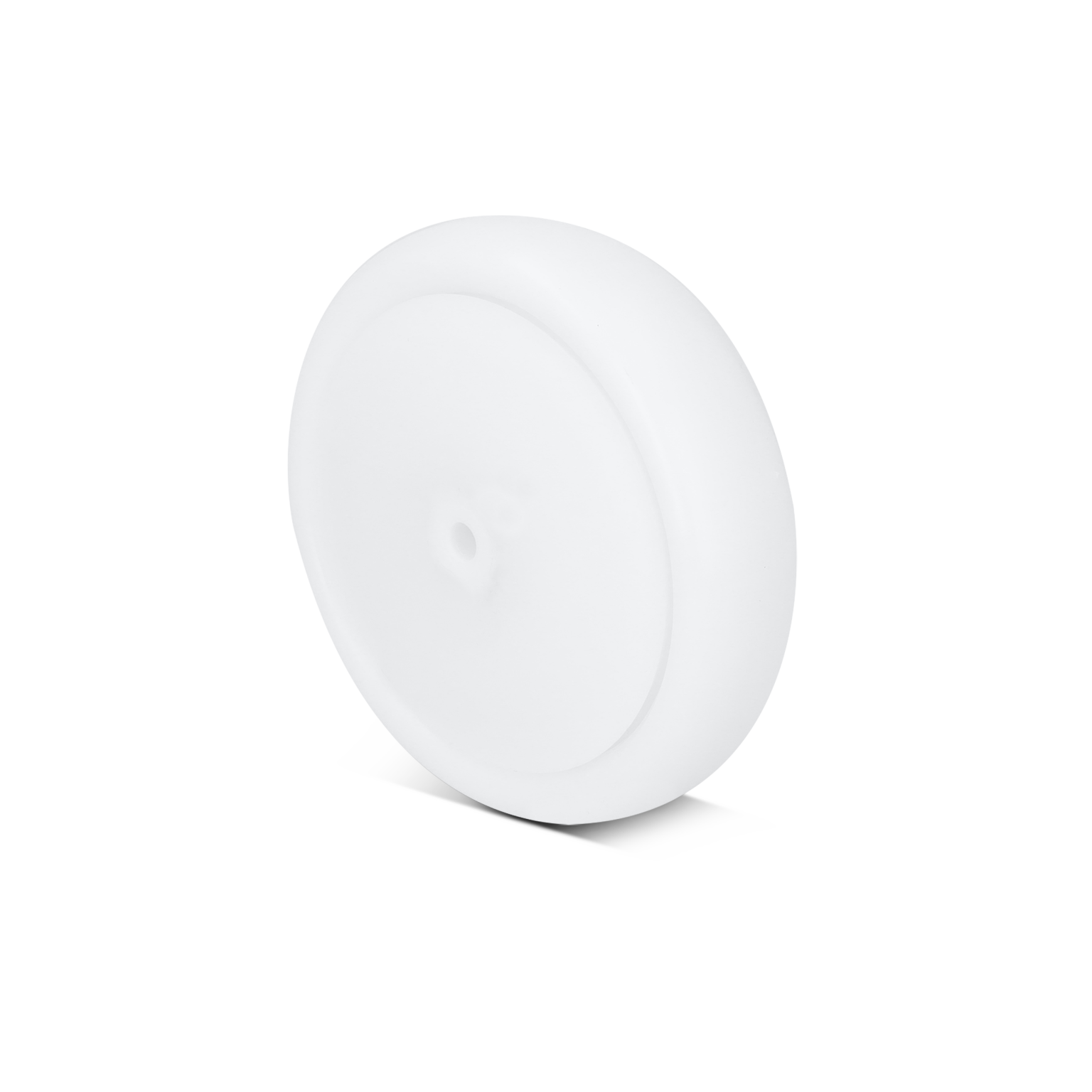 A white, circular wheel with a smooth surface and a central mounting hole is shown, positioned at a slight angle. The background is blank, emphasizing the wheel-s features.