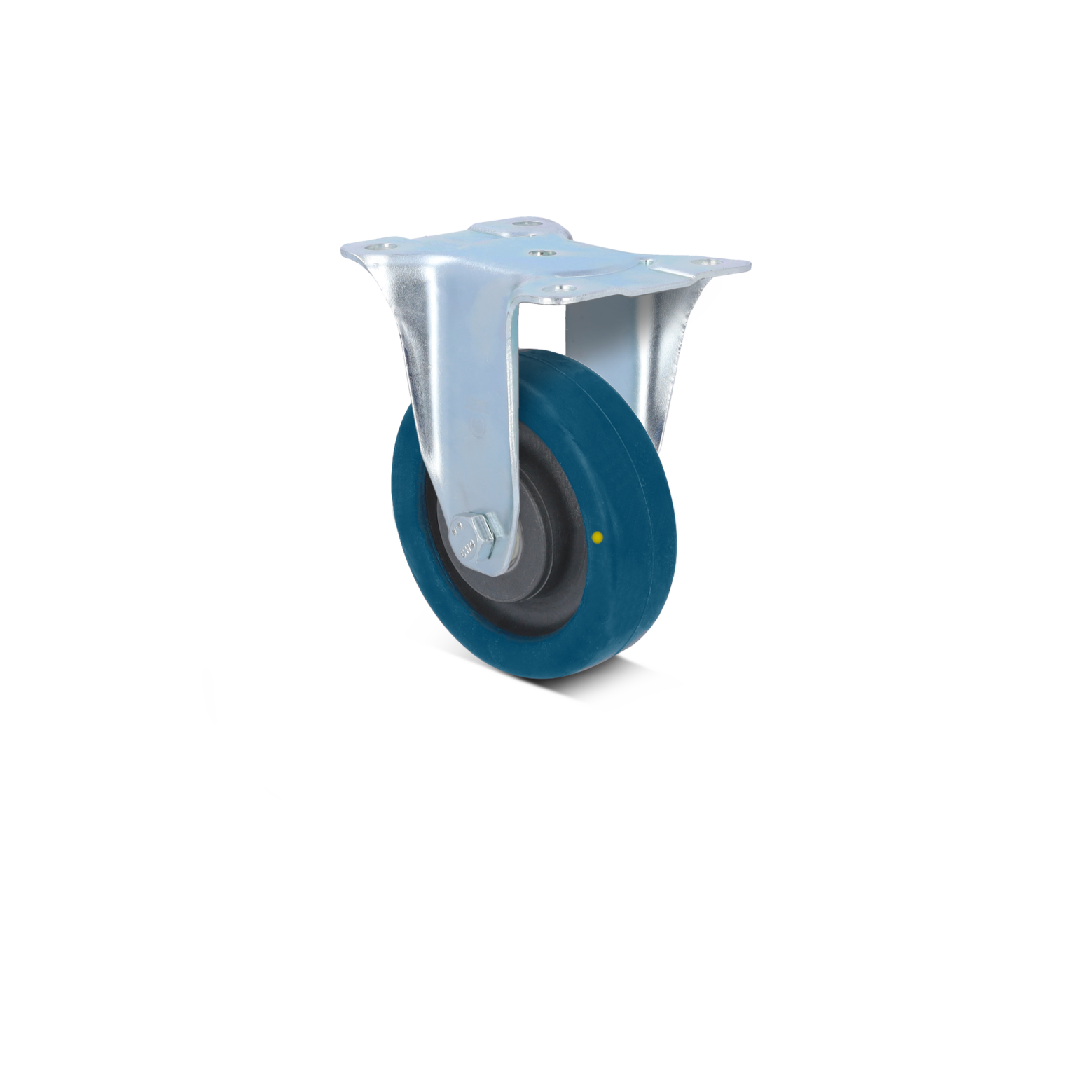 Zwenkwiel met een metalen montagesteun en een blauw rubberen loopvlak. Het wiel is ontworpen voor gebruik in industriële toepassingen en is zichtbaar tegen een neutrale achtergrond.
