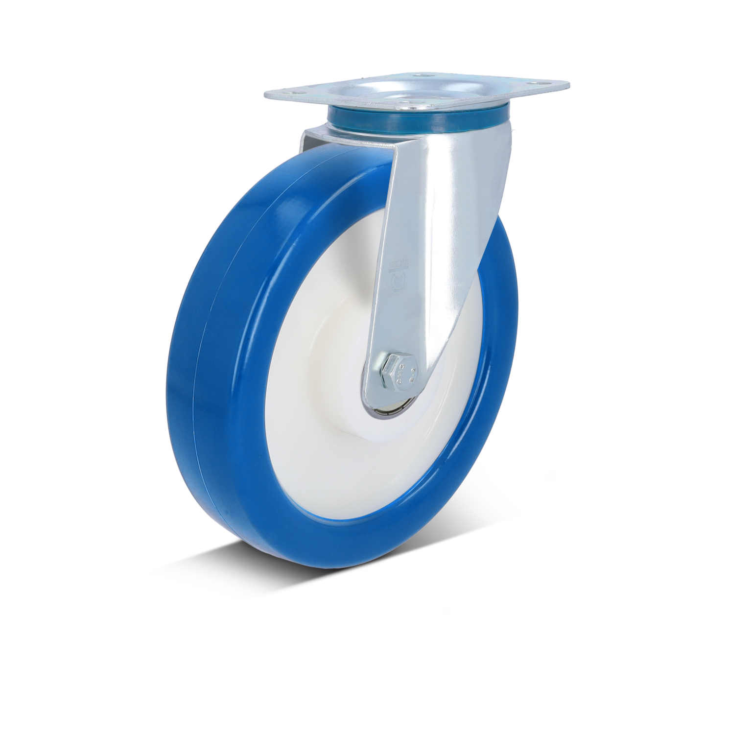 Een blauwe wiel met een witte binnenkant en een metalen bevestigingsplaat. Het wiel is bevestigd aan een draaimechanisme en staat tegen een neutrale achtergrond.