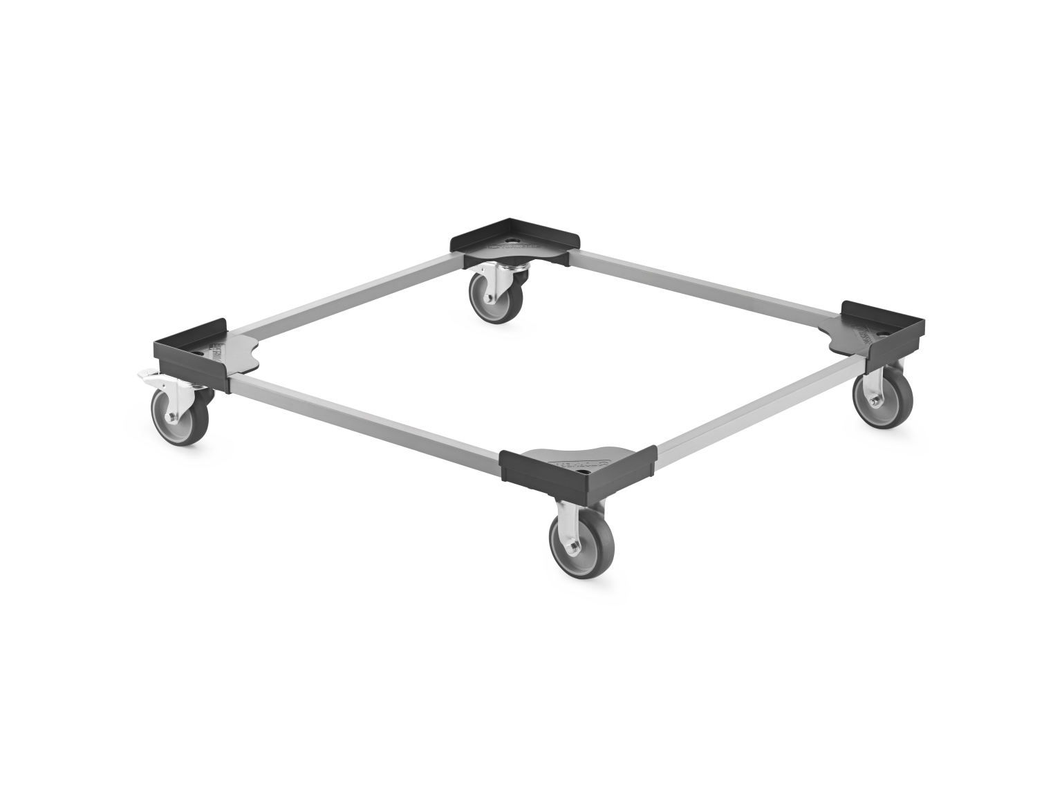 A rectangular transport dolly features a sturdy frame with four swivel castors at each corner. The design allows for easy movement of heavy objects in industrial settings.