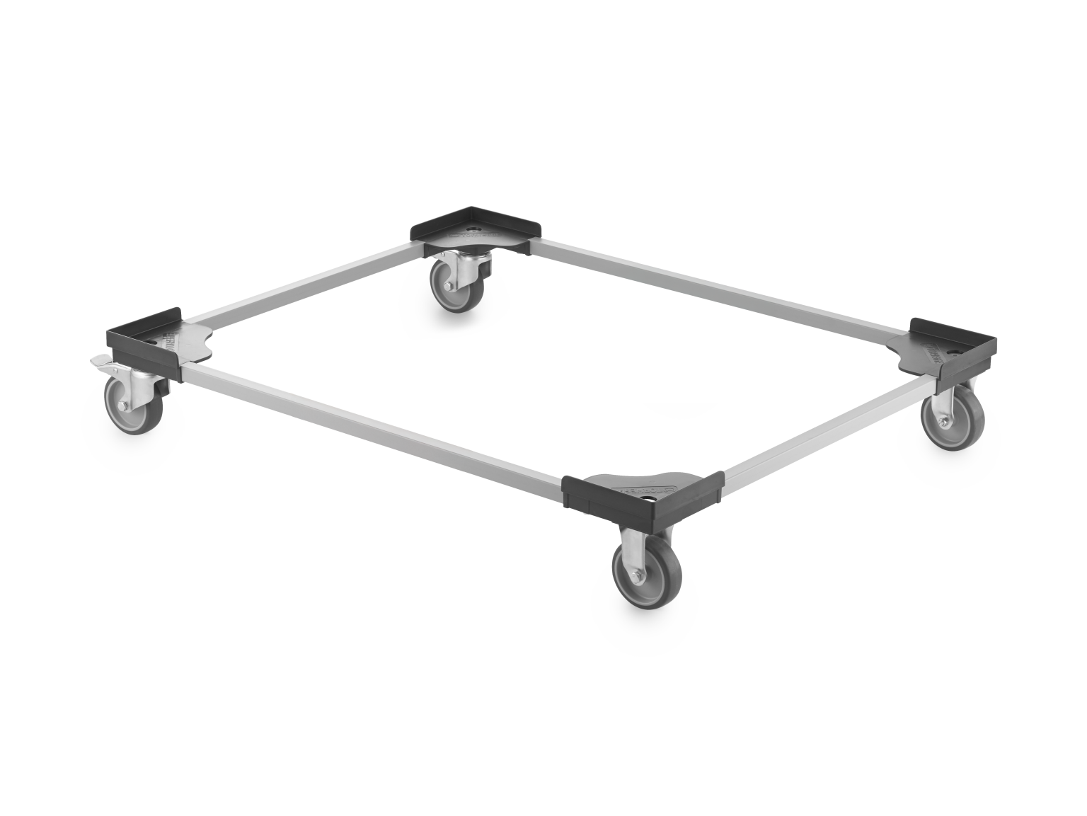 A square transport base featuring four swiveling castors at each corner. The structure is made of metal support beams and plastic corner connectors, designed for moving various loads easily in an industrial setting.