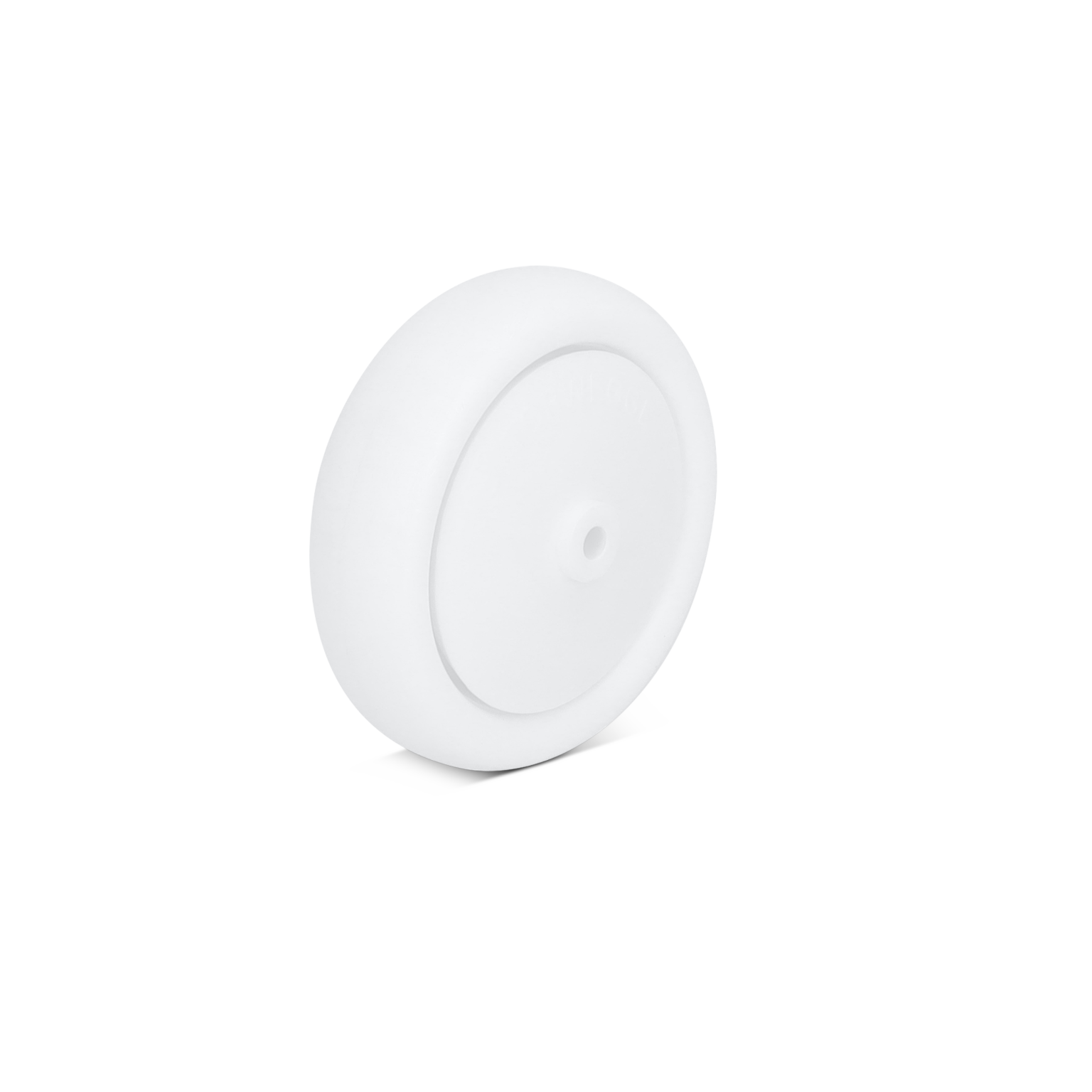 A white plastic wheel with a smooth surface and a central hole for mounting, positioned slightly tilted on a plain background, suitable for material handling applications.