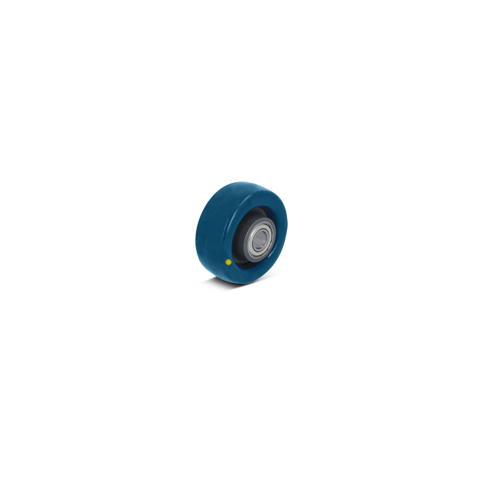 Blauwe rol met een centrale staallager zichtbaar aan de binnenzijde. De rol heeft een gladde buitenzijde en is gepositioneerd op een neutrale achtergrond, gericht op het tonen van het ontwerp.