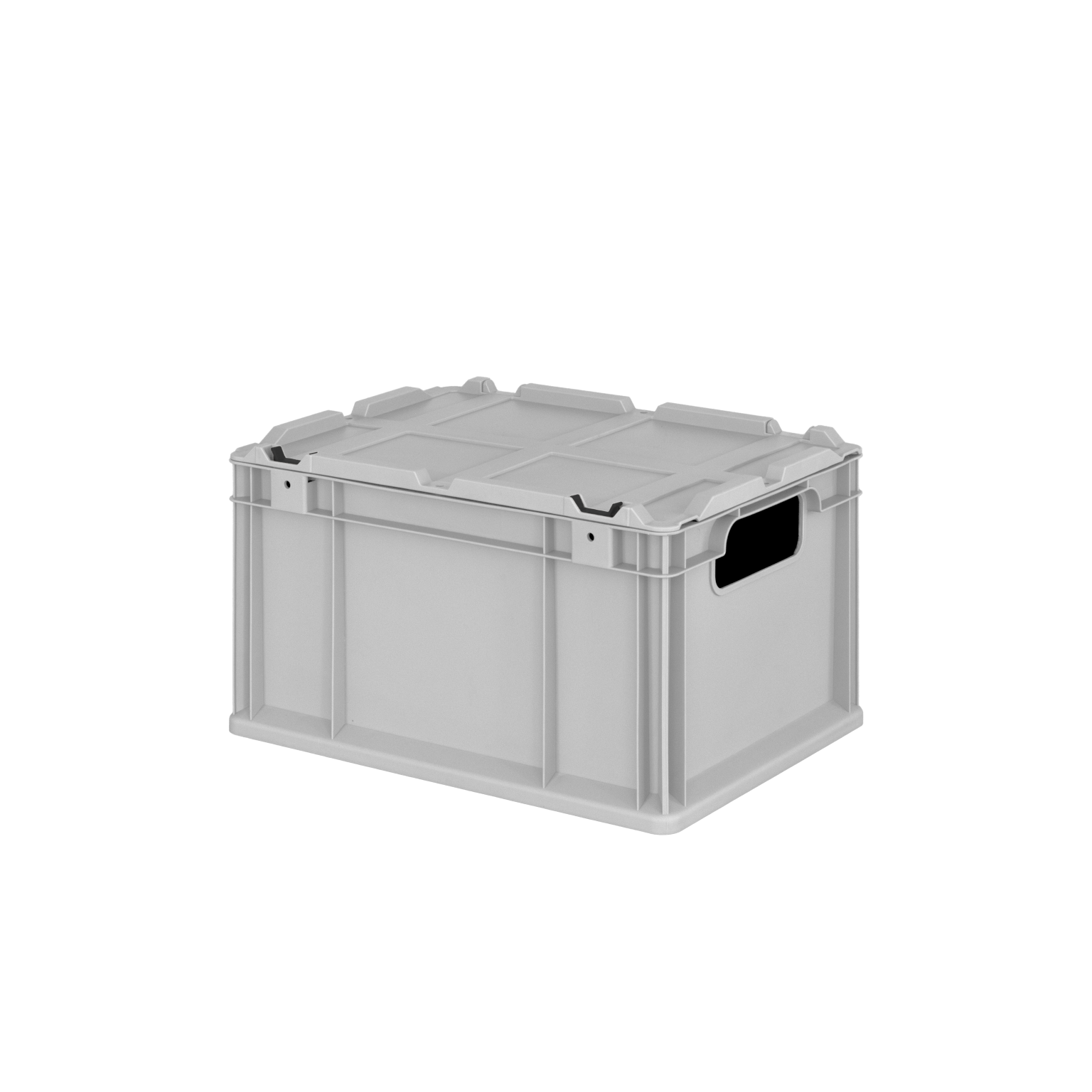 A gray plastic storage box with a textured lid and side handles. It is designed for stacking and storage, positioned against a plain black background.