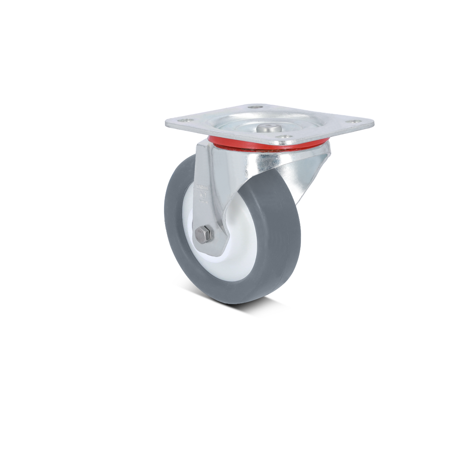 Zwenkwiel met een metalen montagesteun en een rubberen band in grijs en wit. Het wiel is geschikt voor industriële toepassingen en is gepositioneerd op een neutrale achtergrond.