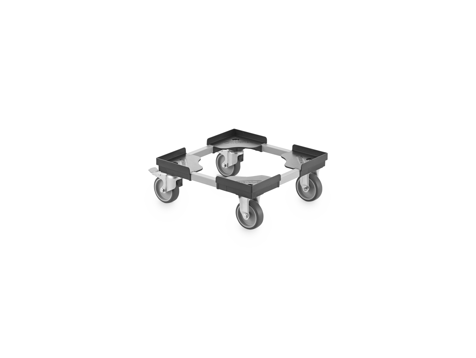 A square cart with four swivel castors positioned at each corner. The cart features a sturdy frame and is designed for transporting goods in industrial settings.