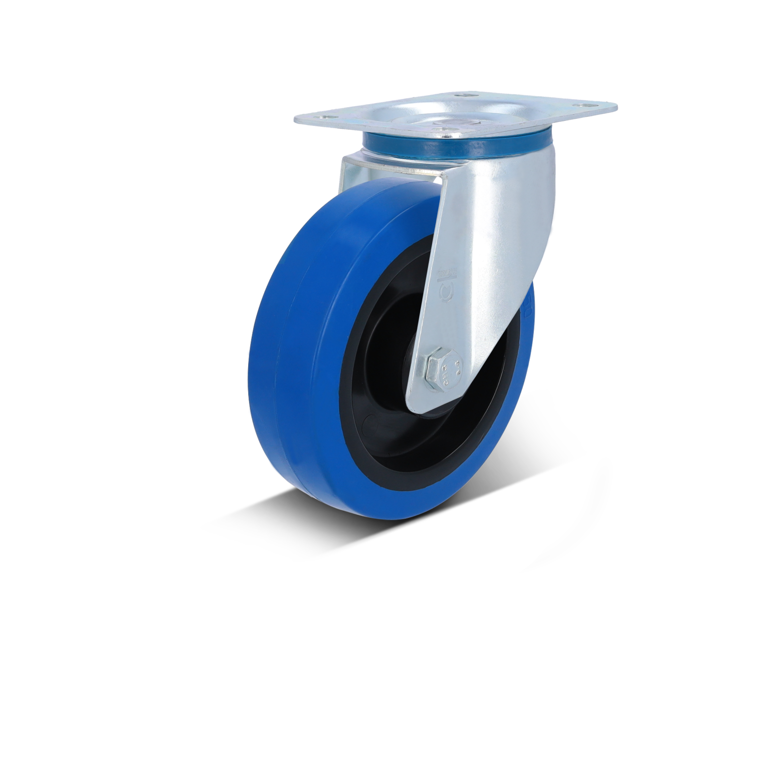 A blue rubber wheel is mounted on a metallic swivel bracket. The bracket features a flat base plate with holes for installation. The wheel is designed for industrial use in material handling.
