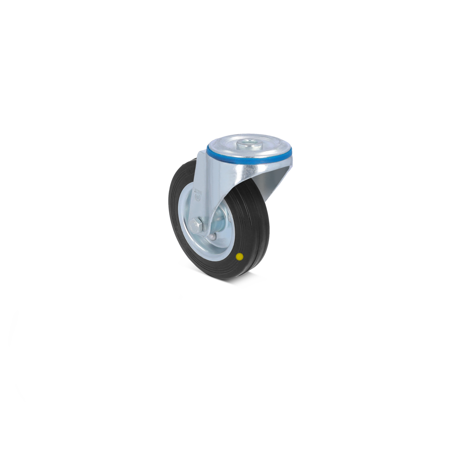 A swivel castor wheel features a black rubber tire and a silver metal mounting bracket. It has a blue accent band on the wheel edge, designed for use in various industrial applications.