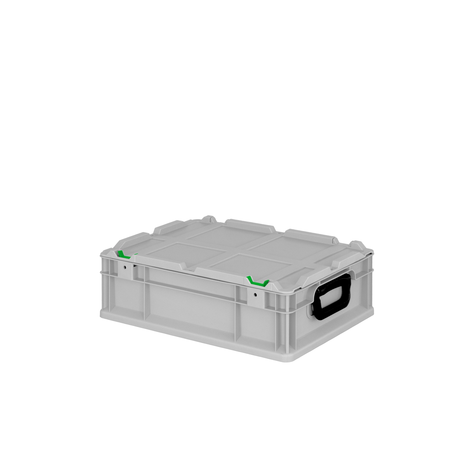 Transparente Kunststoffbox mit schwarzem Griff und grünen Verschlussclips, die stabil auf einer glatten Oberfläche steht. Die Box hat eine flache Oberseite und ist ideal zur Lagerung oder zum Transport von Materialien.