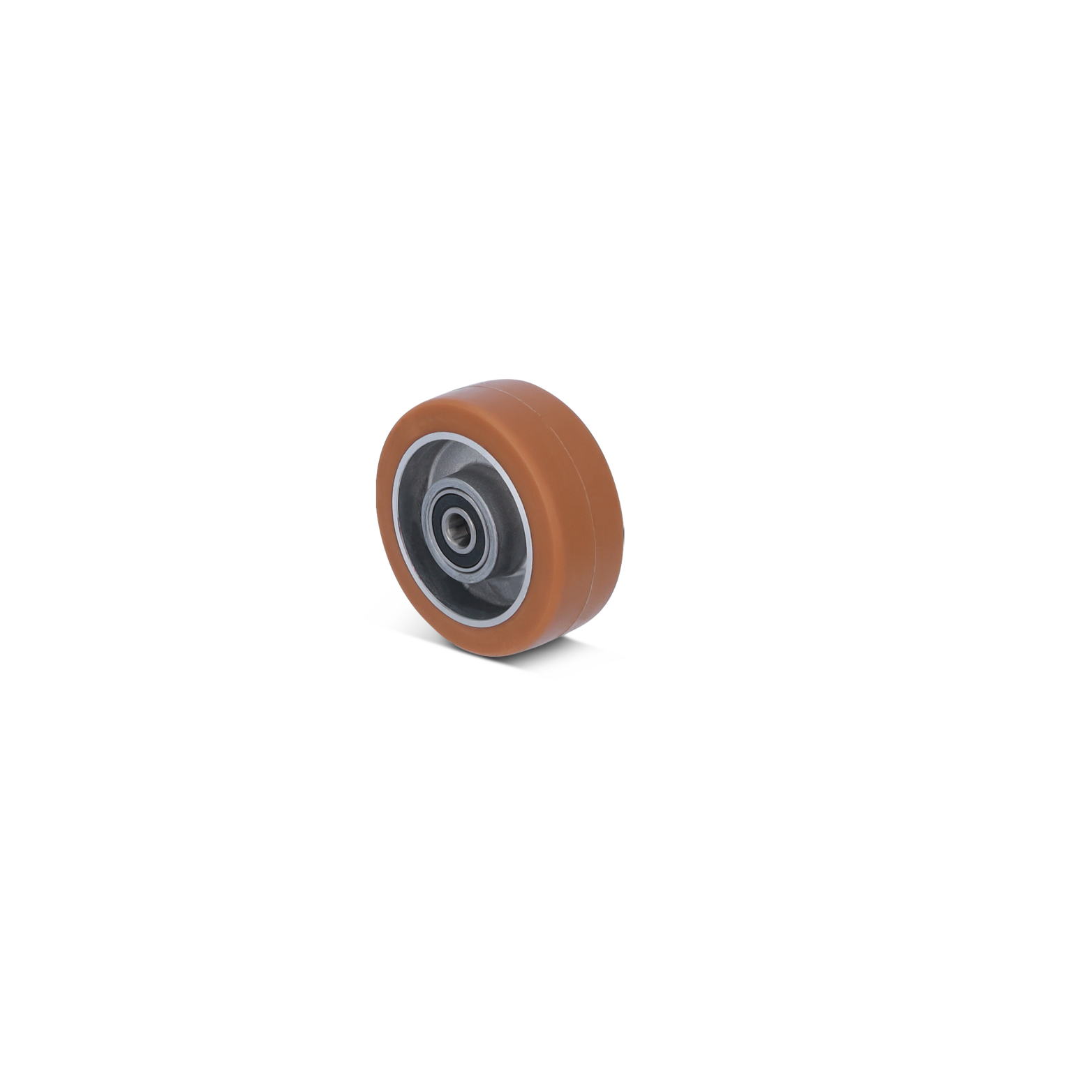 Ronde industriële wiel met een oranje kunststof buitenrand en een metalen binnenring. Het is ontworpen voor gebruik in materiaalhandelingen en bevindt zich tegen een neutrale achtergrond.