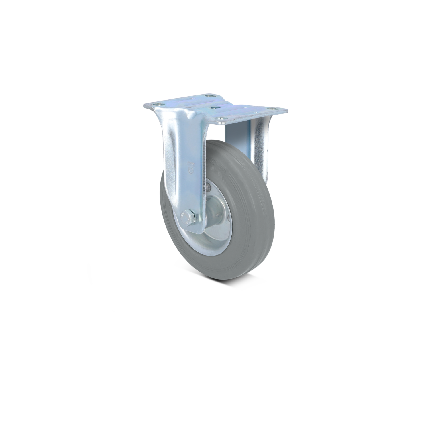 A grey rubber swivel castor with a metal mounting plate is positioned upright. It features a central wheel, designed for movement across various surfaces, displayed against a simple, light background.