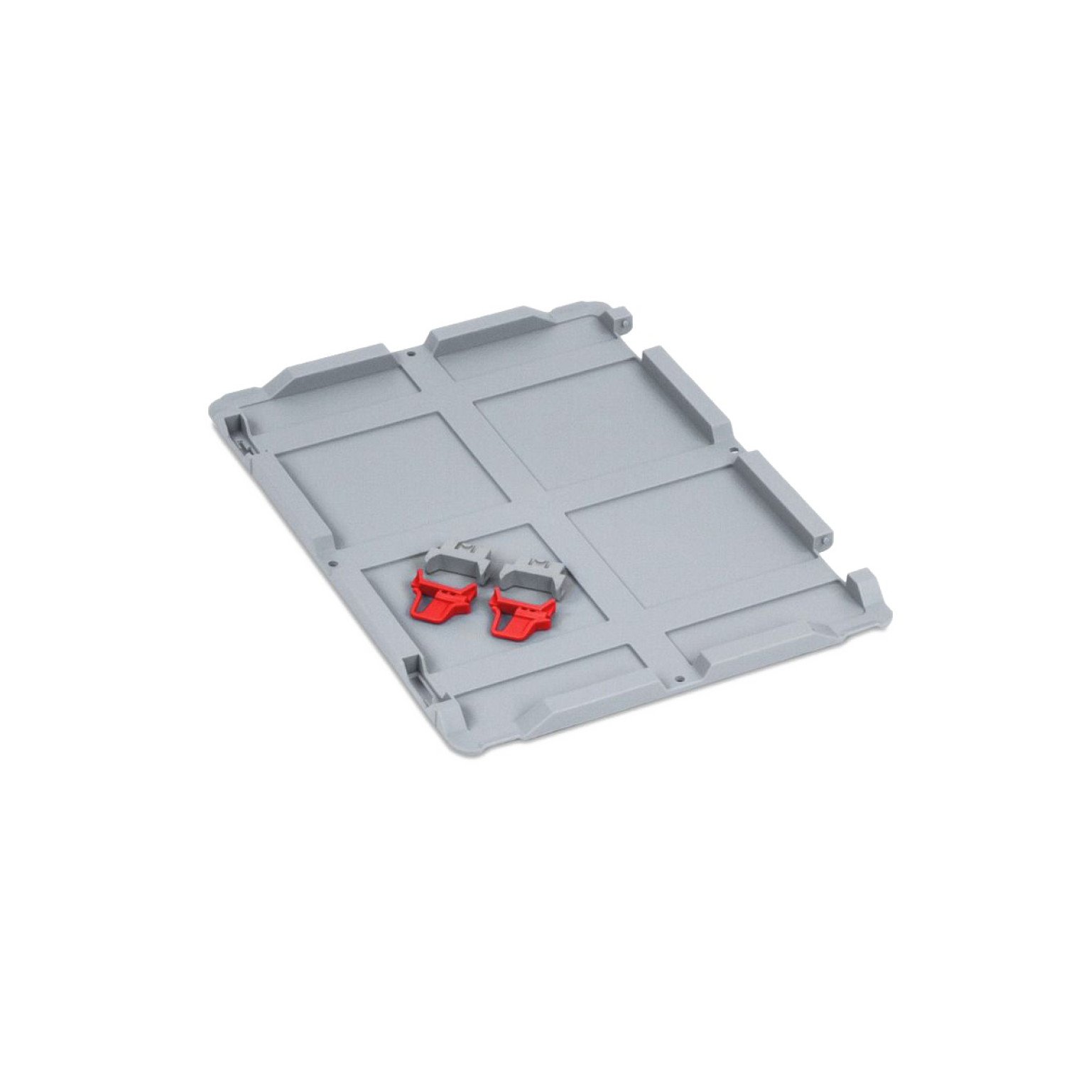 A gray plastic pallet base is positioned flat. It features two red locking clips attached, indicating a mechanism for securing loads. The surrounding context is blank, emphasizing the component-s details.