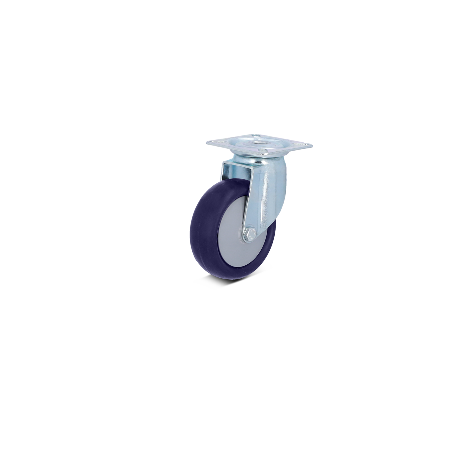 A swivel castor wheel features a metal mounting plate with a shiny surface. The wheel has a dark rubber outer layer and a light-colored inner hub, designed for mobility in industrial settings.