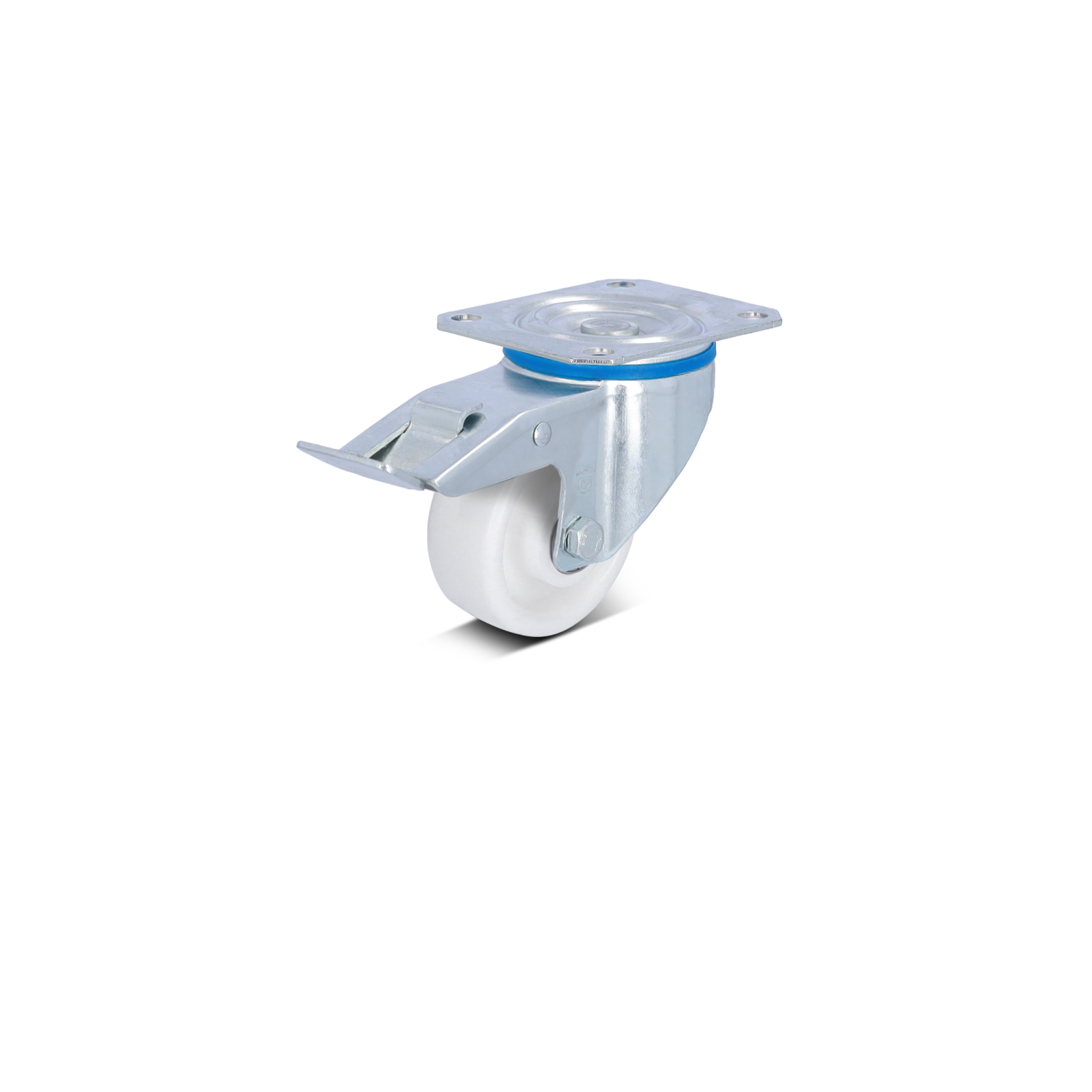 A silver metal caster with a white wheel features a swivel mechanism and a mounting plate with four holes for securing it. The background is a plain color.