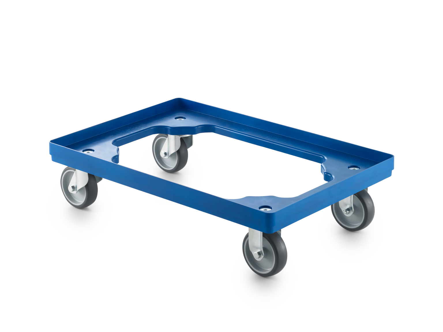 A blue transport trolley features a rectangular frame with reinforced corners and four swivel wheels. It is designed for easy mobility and is positioned on a neutral background.