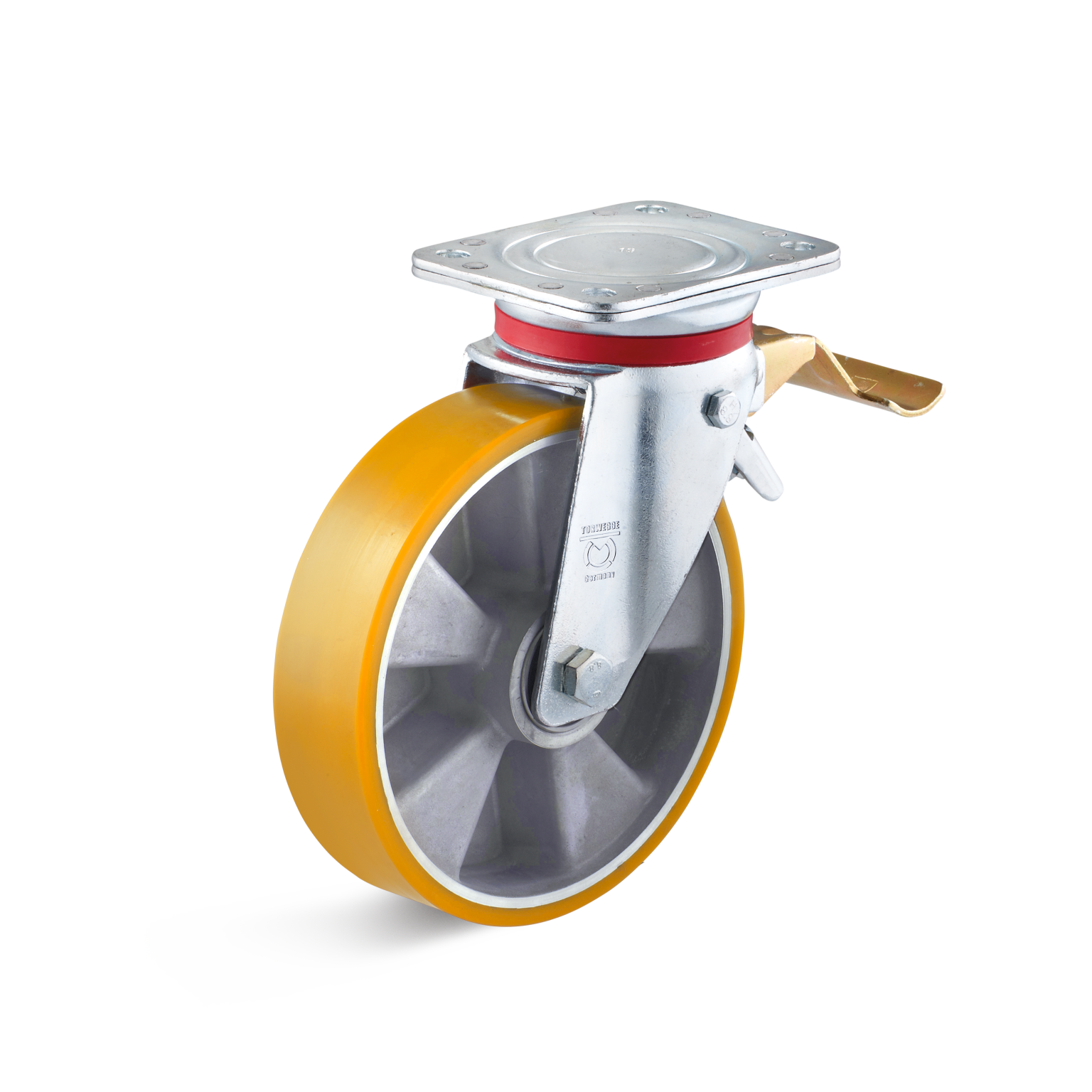 A yellow swivel caster with a metallic mounting plate features a brake lever. The wheel is constructed of durable material, showcasing a design suitable for industrial applications and material handling.
