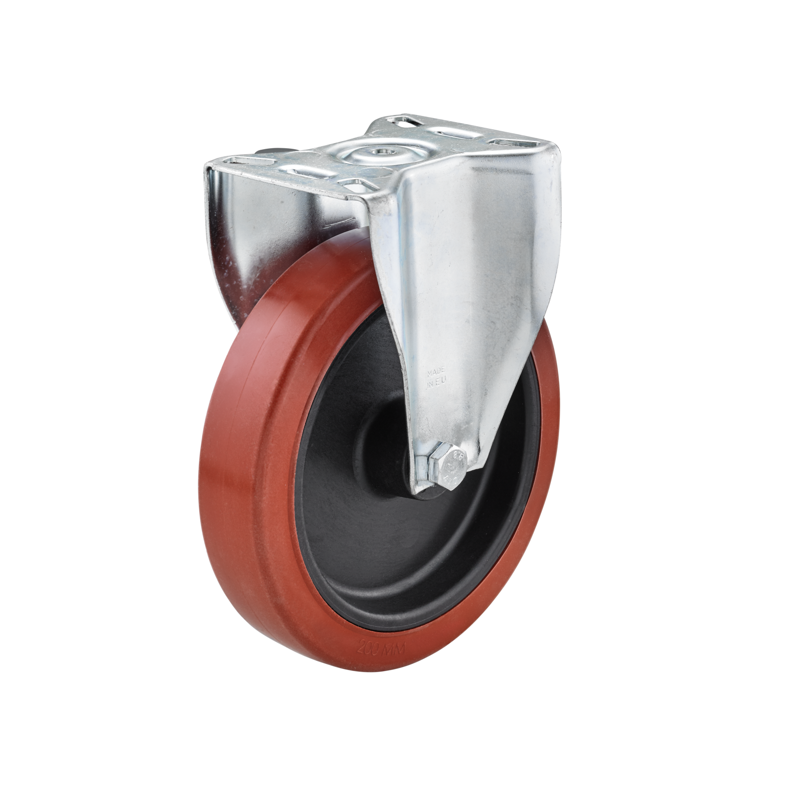 Rood rubber wiel met een zwart centrum, bevestigd aan een metalen bevestigingsplaat. Dit industriële component is ontworpen voor gebruik in transporttrolleys of andere material handling toepassingen.