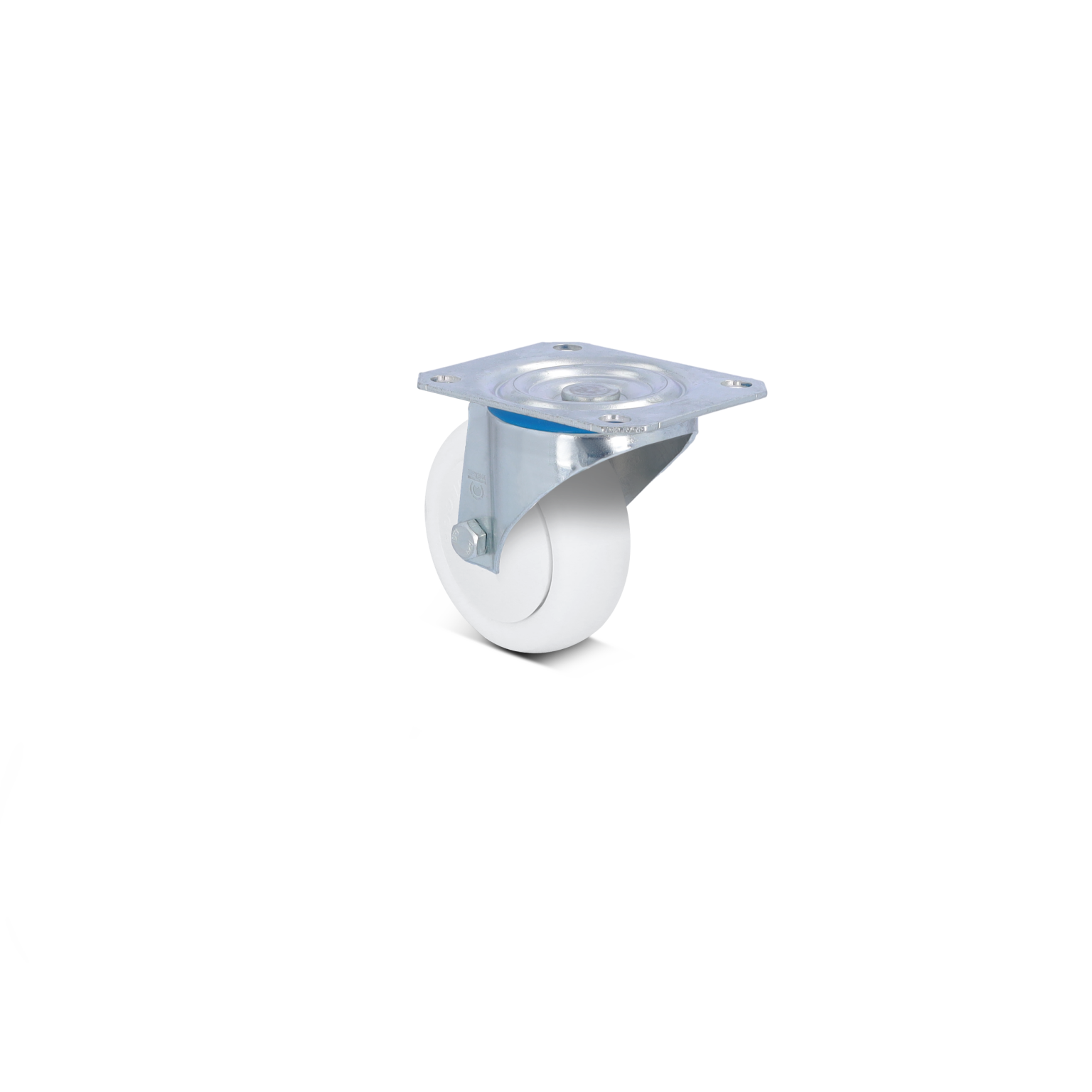 A white industrial castor features a mounted flat metal plate, designed for easy attachment. It is shown against a simple background, highlighting its smooth surface and robust construction, suitable for material handling.