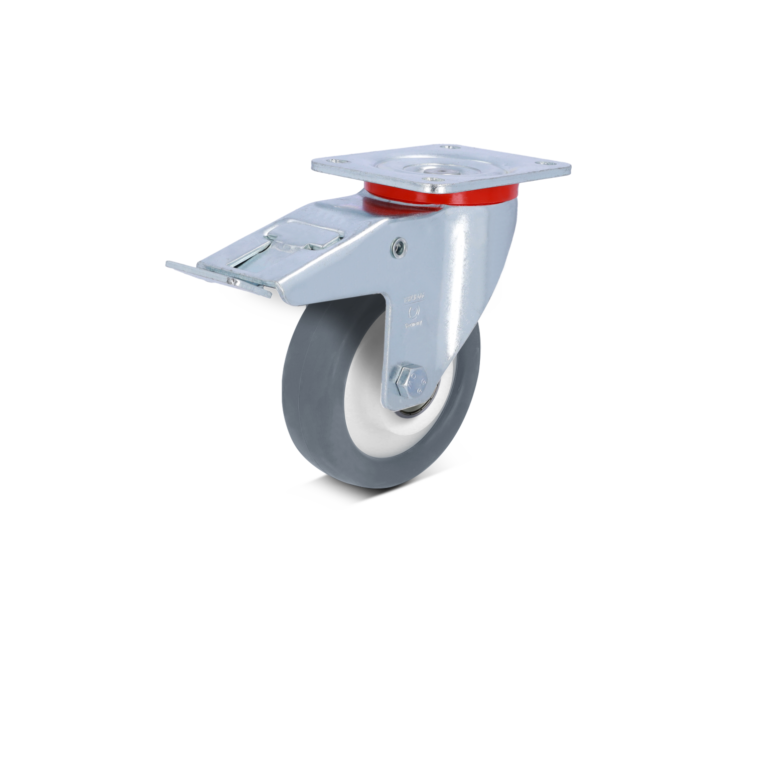 A grey industrial wheel with a white inner rim is mounted on a metal bracket featuring a mounting plate. The wheel is positioned at an angle, displaying its design for material handling applications.