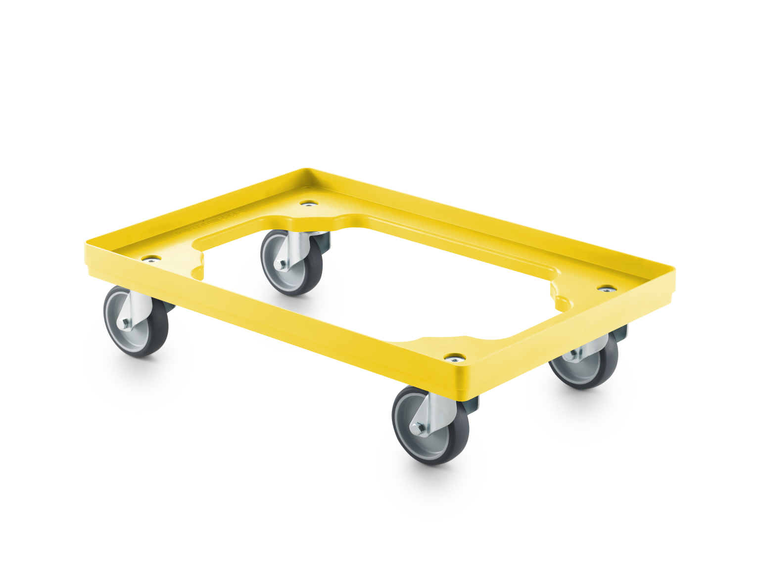 A yellow transport trolley features a rectangular, flat body with a raised edge and four swivel castors. The castors are grey, facilitating easy movement. The background is neutral.