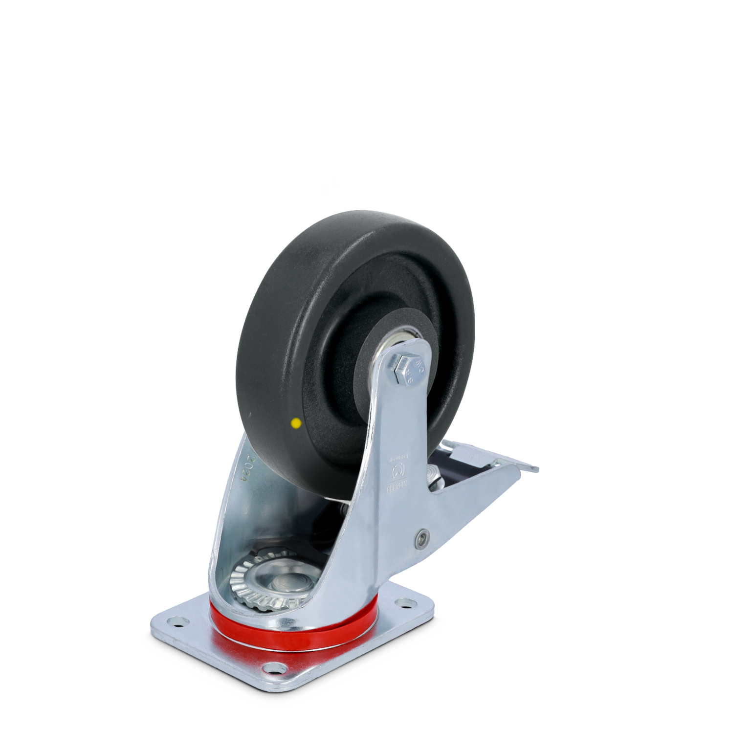 Black rubber castor wheel mounted on a shiny silver swivel bracket. The bracket features a red ring and a square mounting plate with holes for attachment. The background is plain.