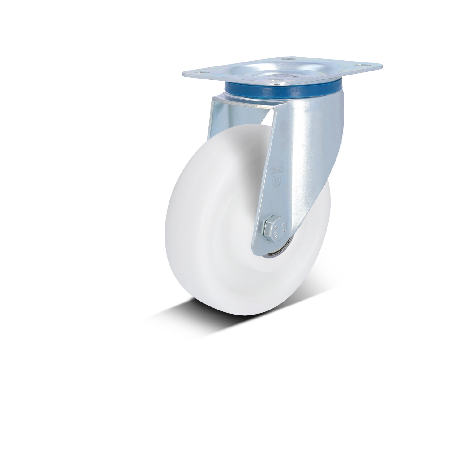 A heavy-duty swivel castor with a white plastic wheel is mounted on a metallic plate. The castor is designed for mobility in industrial settings, showcasing a smooth, sturdy build suitable for transportation tasks.