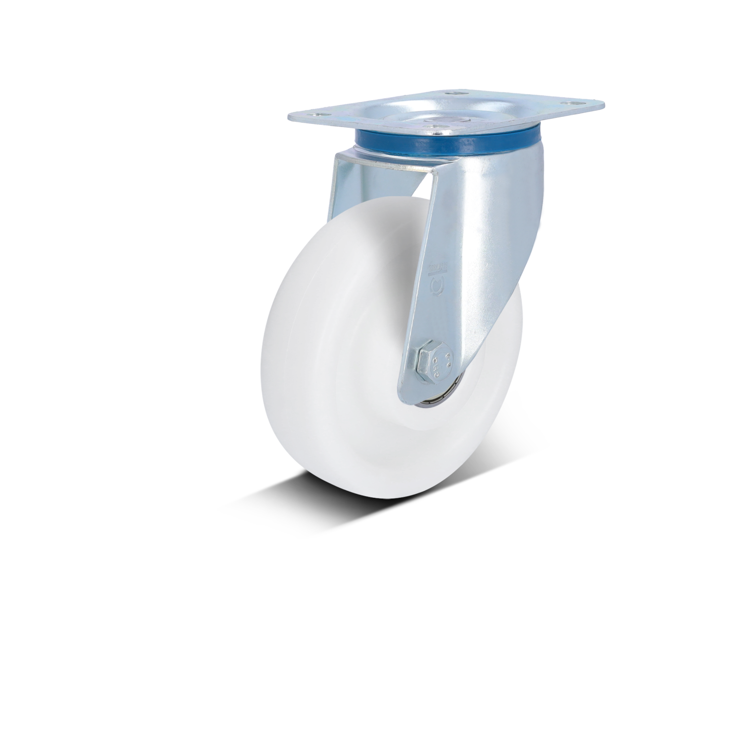 A heavy-duty swivel castor with a white plastic wheel is mounted on a metallic plate. The castor is designed for mobility in industrial settings, showcasing a smooth, sturdy build suitable for transportation tasks.