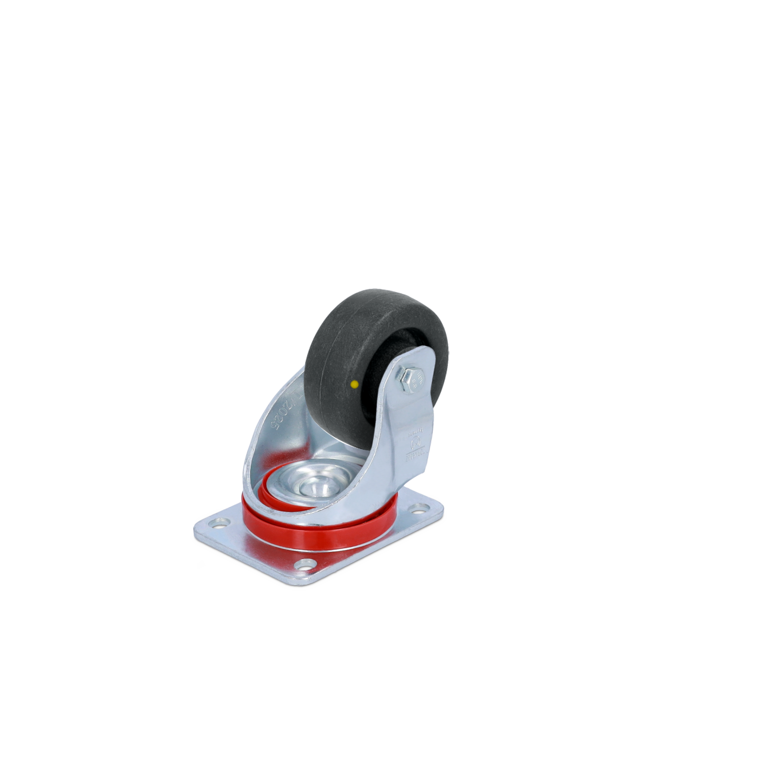 A swivel caster with a black rubber wheel is mounted on a metal base. The metal is silver with a red accent. It is positioned upright against a blank background.