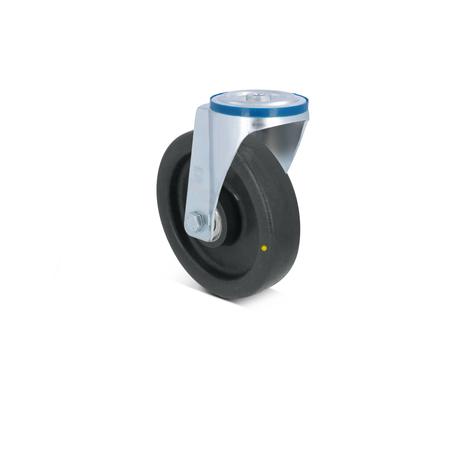 Zwenkwiel met een zwarte rubberen band en een metalen basis. Het wiel is gemonteerd op een bevestigingsplaat met een grote schroef. De achtergrond is eenvoudig en wit.